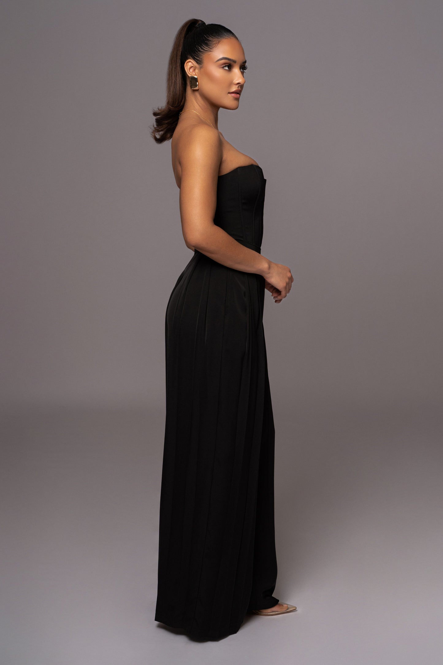 Black Clara Wide Leg Pleated Trousers JLUXLABEL