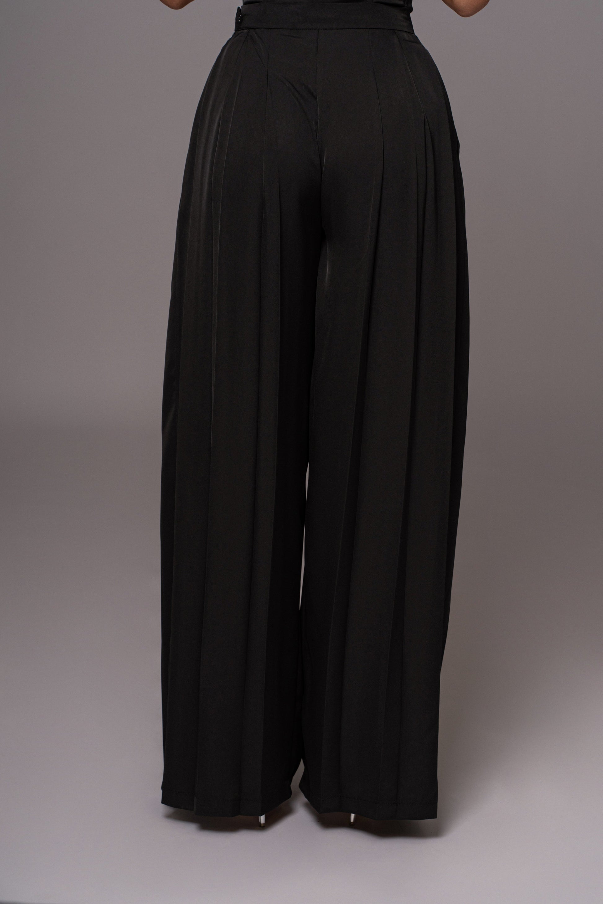Black Clara Wide Leg Pleated Trousers JLUXLABEL