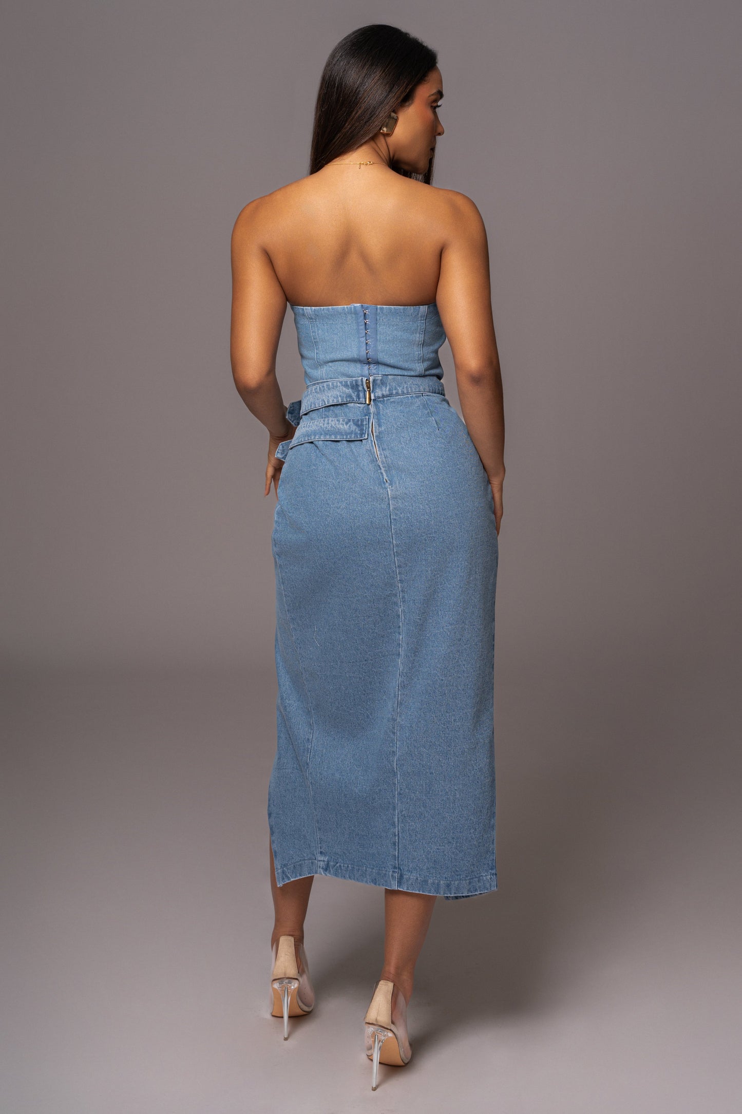 Medium Wash Gisele Denim Slit Skirt JLUXLABEL