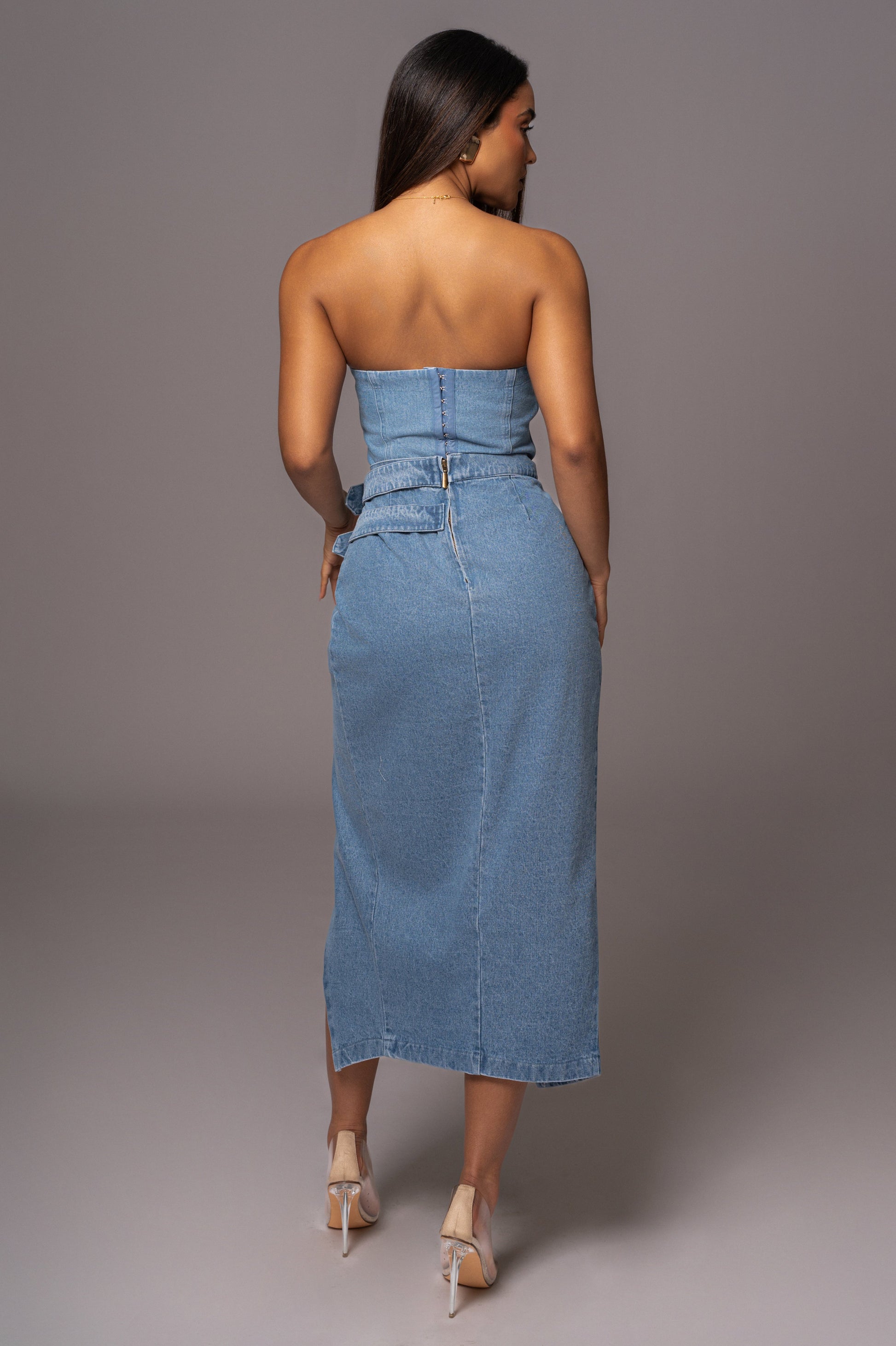 Medium Wash Gisele Denim Slit Skirt JLUXLABEL