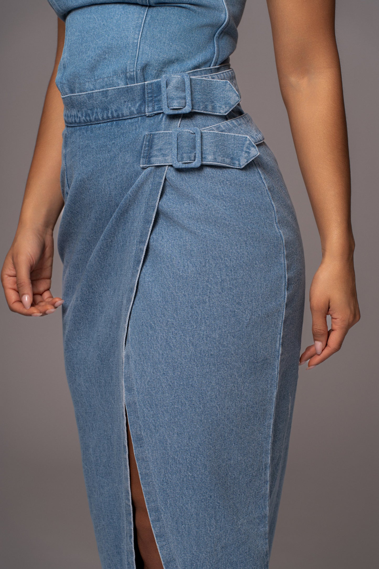 Medium Wash Gisele Denim Slit Skirt JLUXLABEL