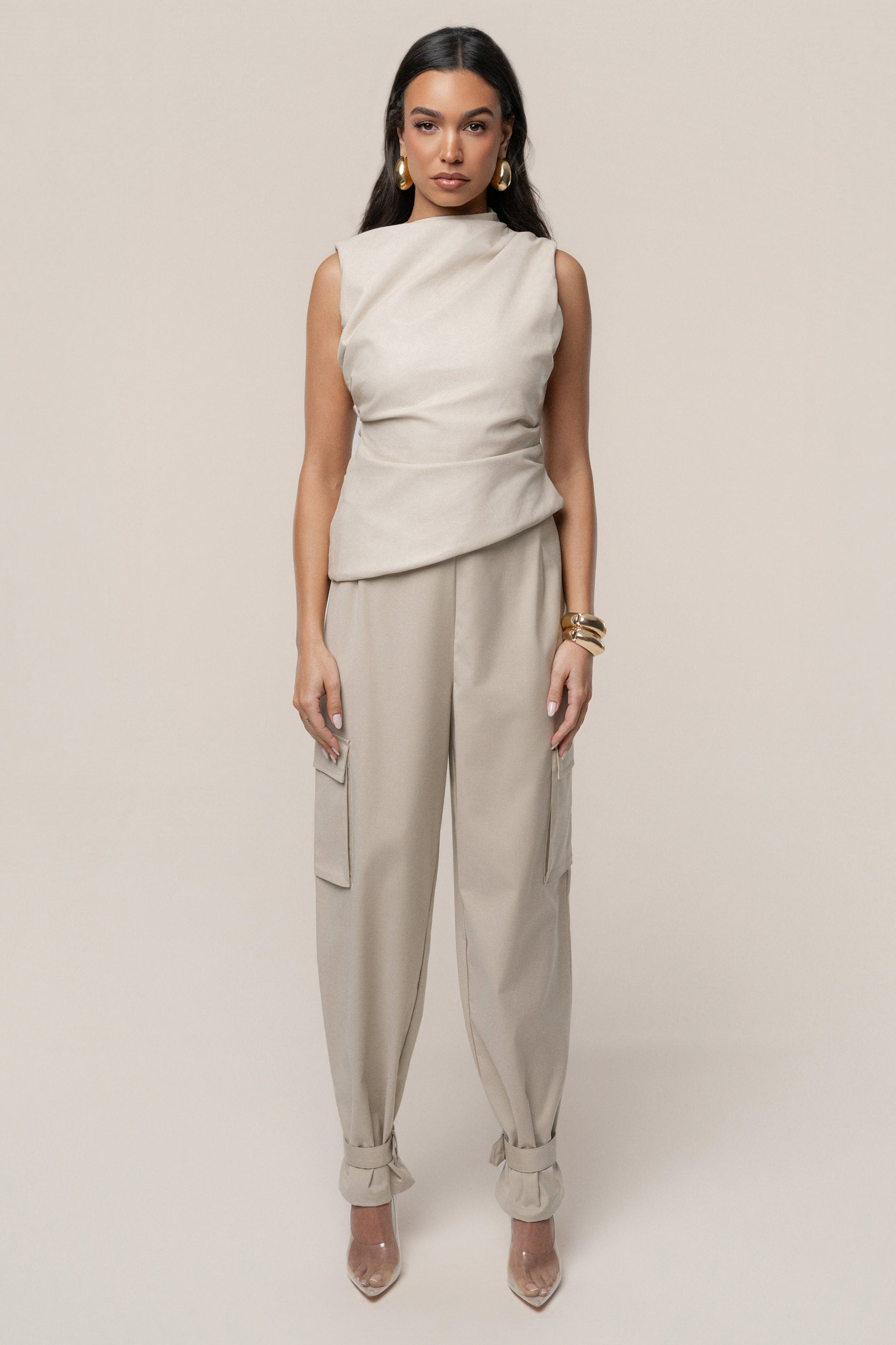 Beige Sleeveless Mock Neck Top JLUXLABEL