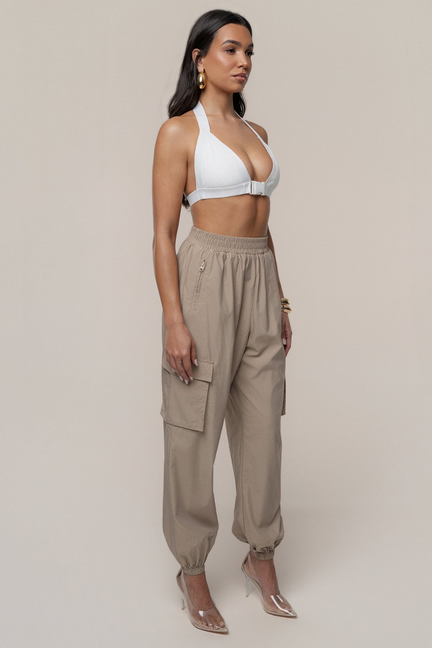 Ivory Belted Motion Halter Top JLUXLABEL