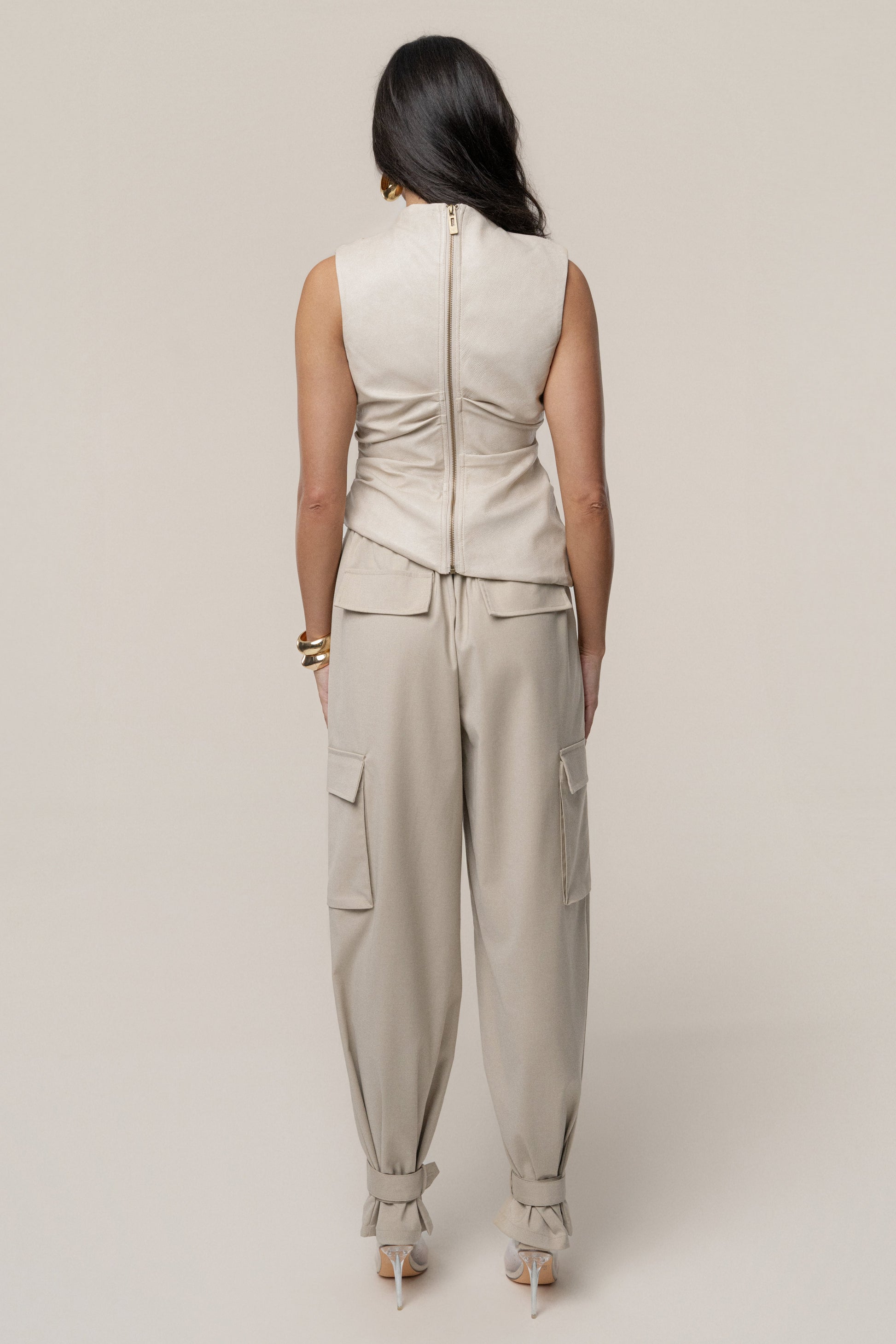 Beige Sleeveless Mock Neck Top JLUXLABEL