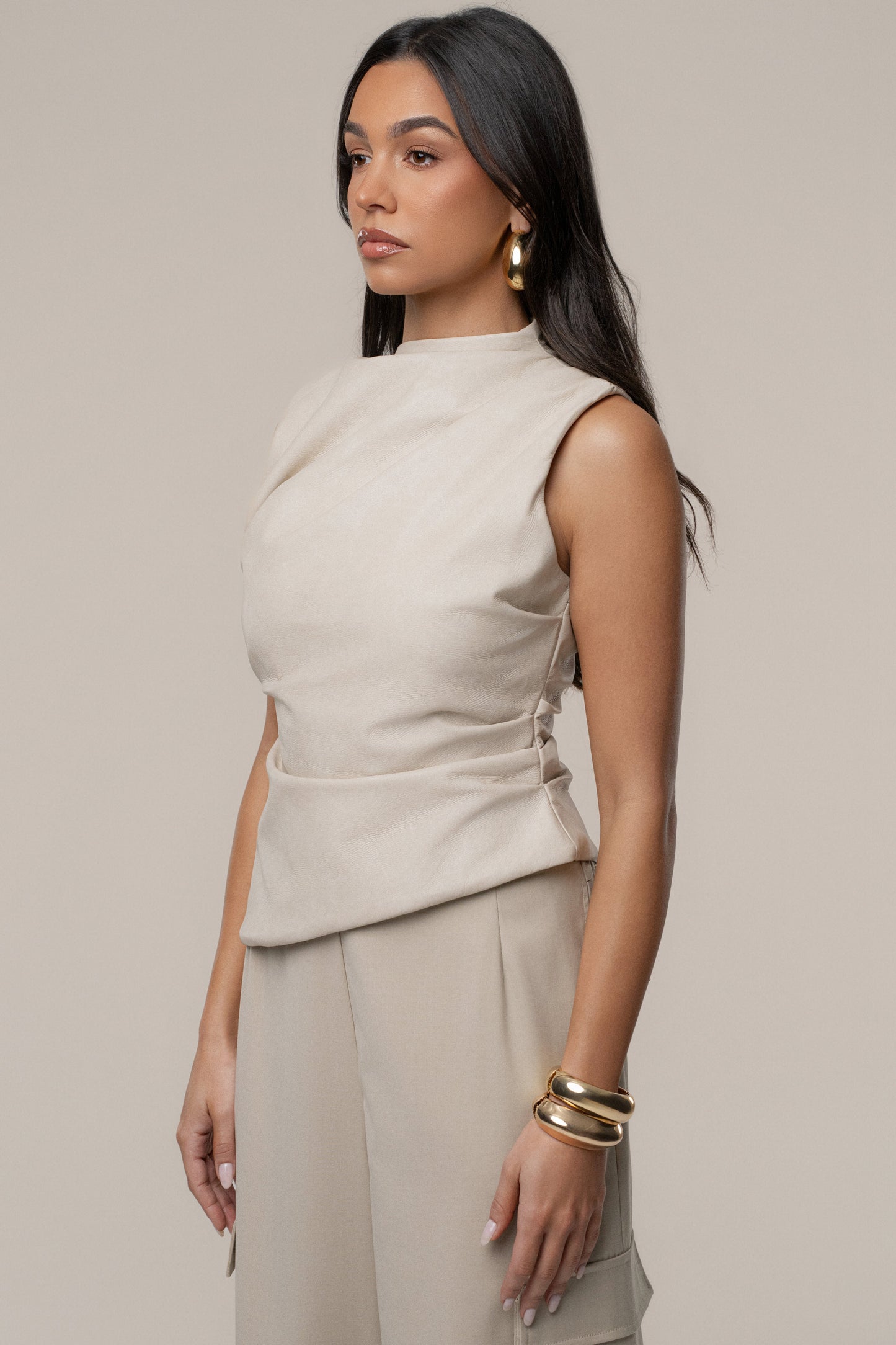 Beige Sleeveless Mock Neck Top JLUXLABEL