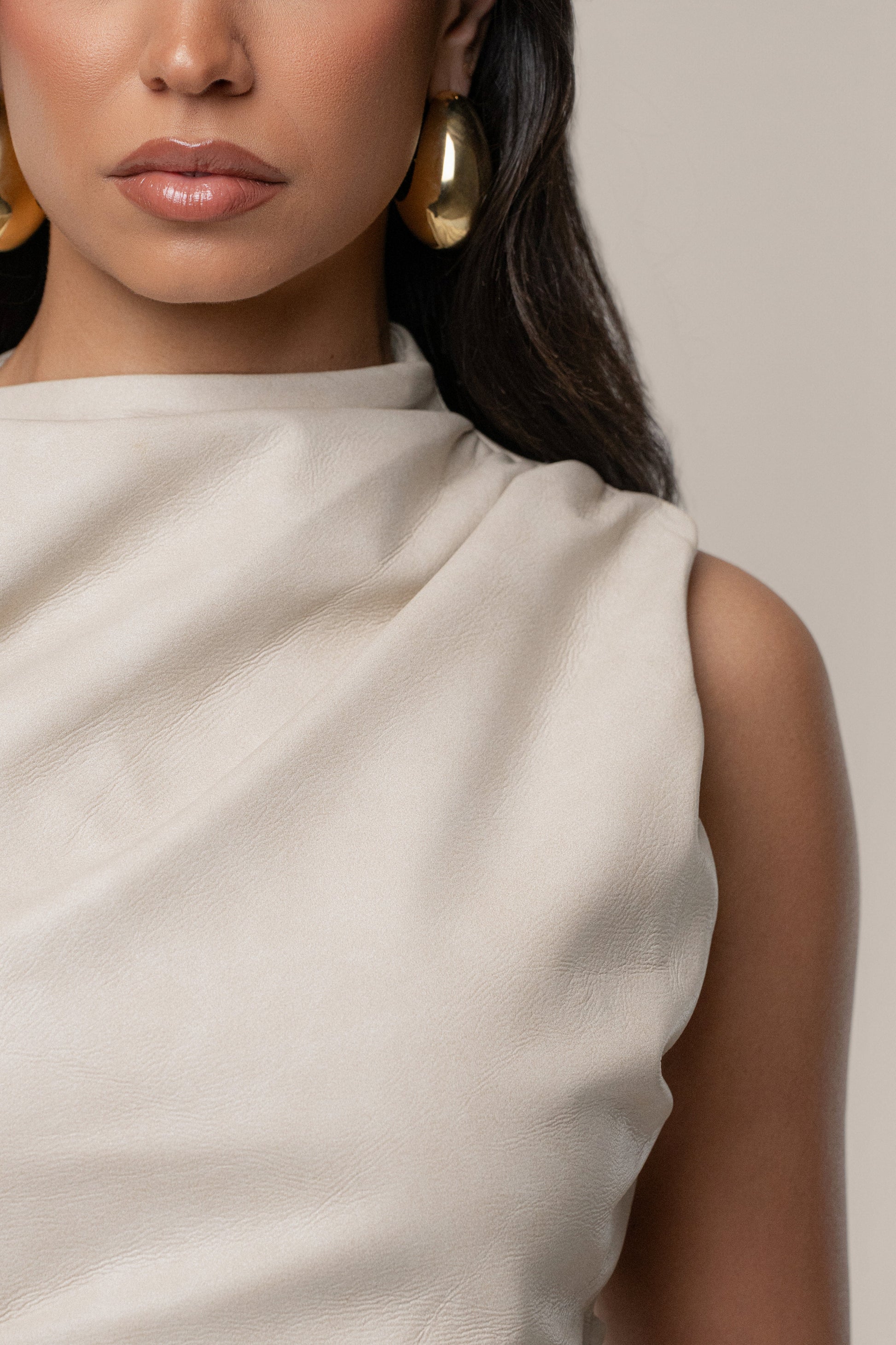 Beige Sleeveless Mock Neck Top JLUXLABEL