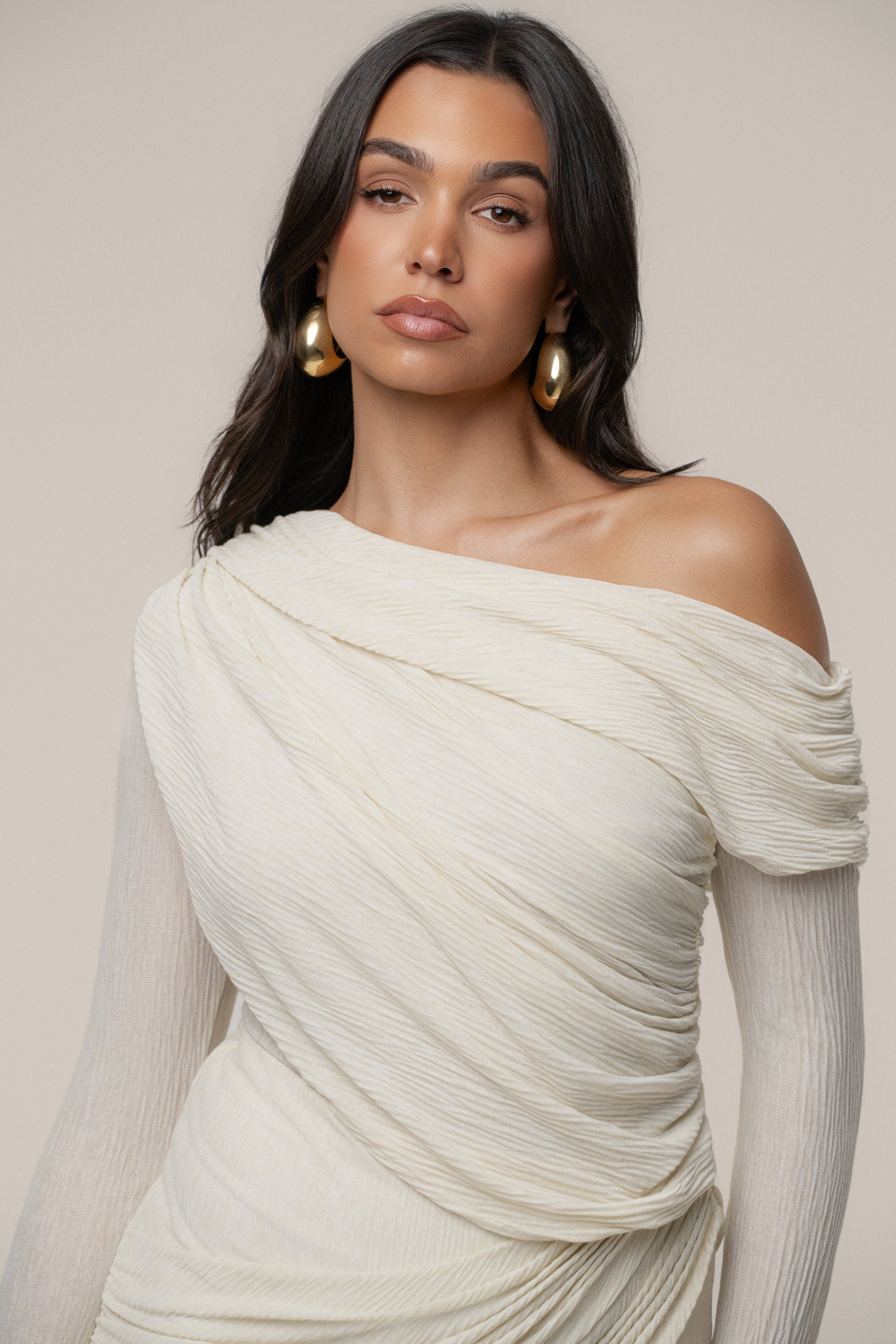 Ivory Textured One Shoulder Bodysuit JLUXLABEL
