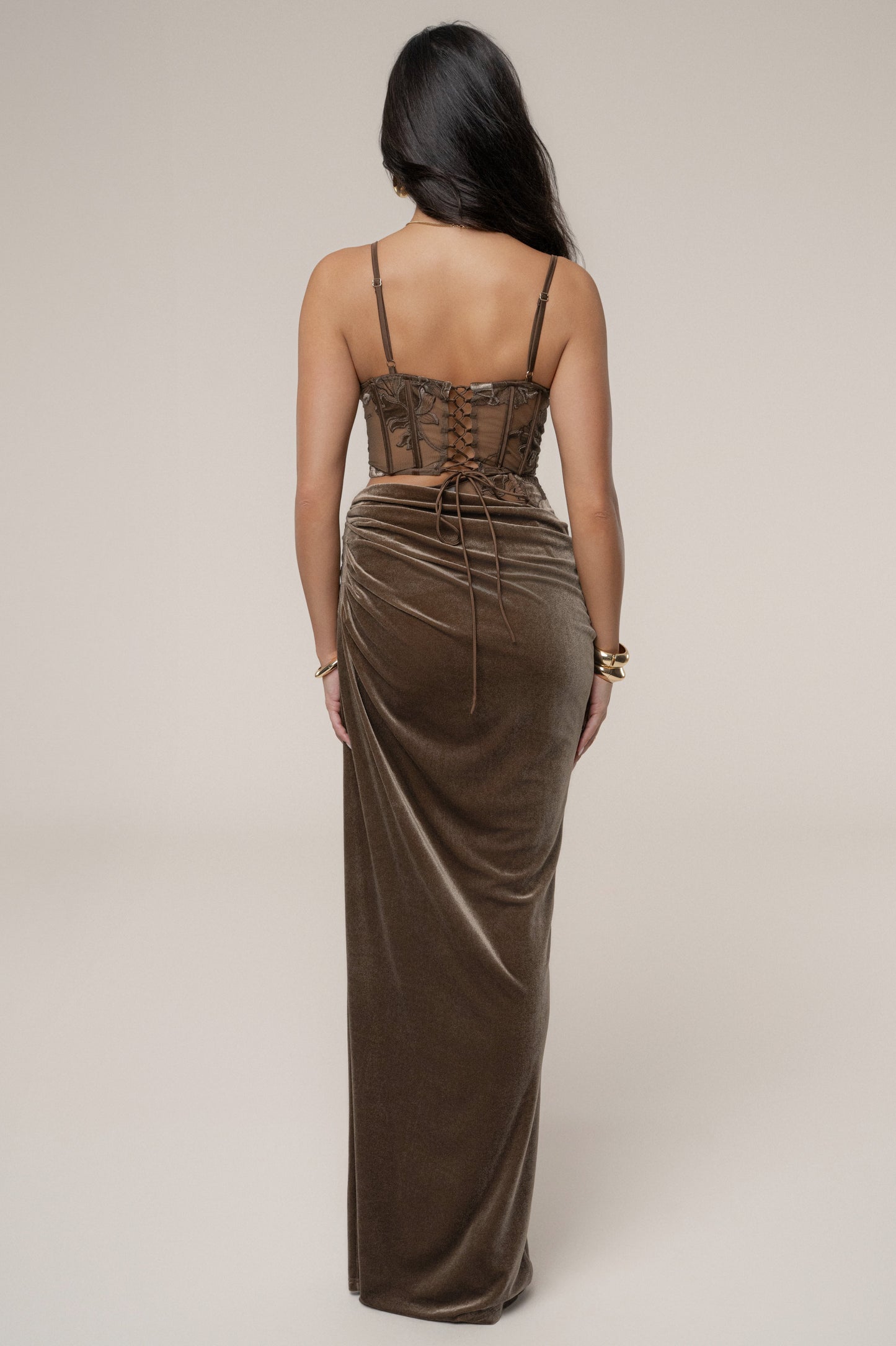 PRE-ORDER Dark Taupe Velvet And Lace Bustier NEWFASHIONEDGE