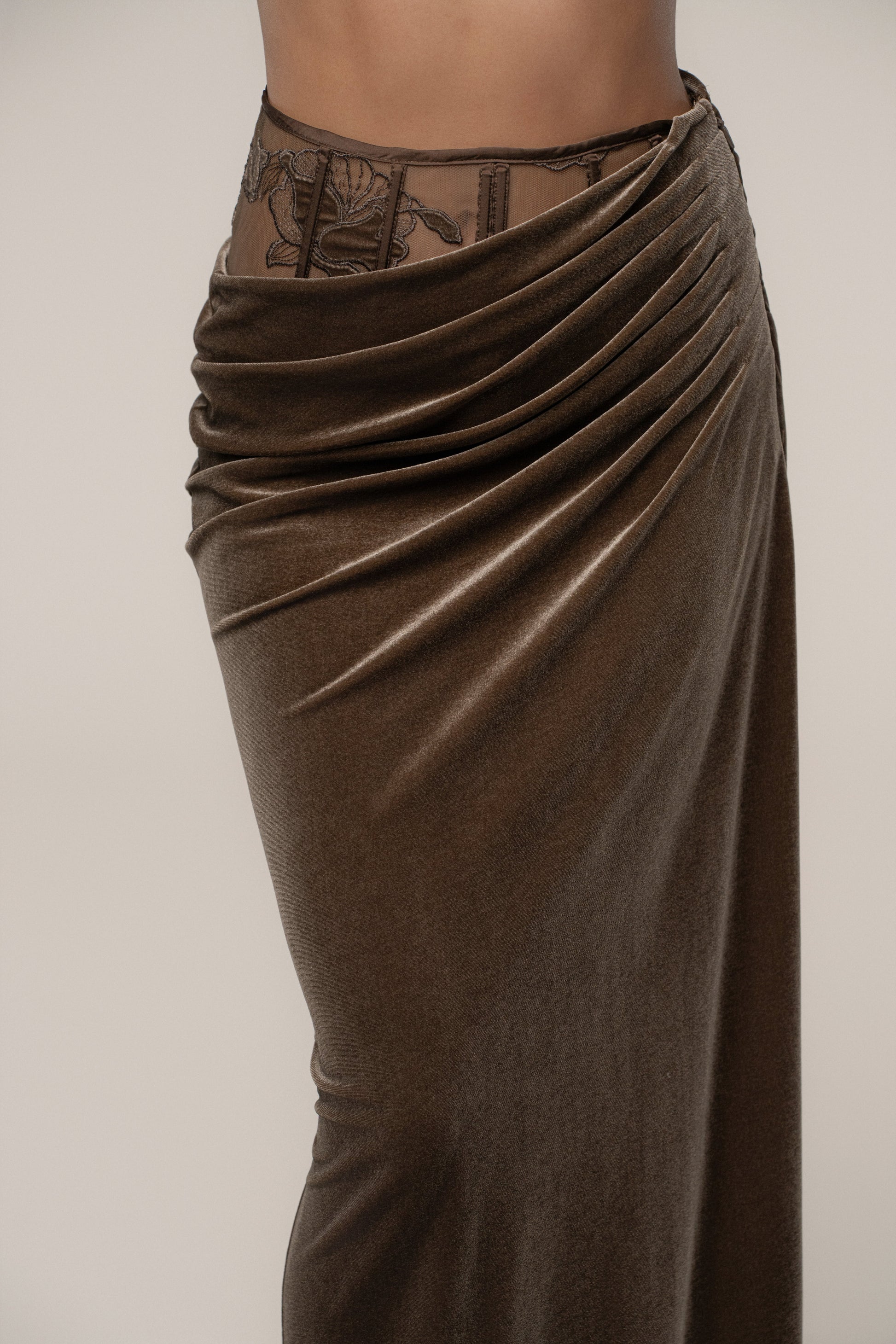 Dark Taupe Velvet And Lace Maxi Skirt JLUXLABEL