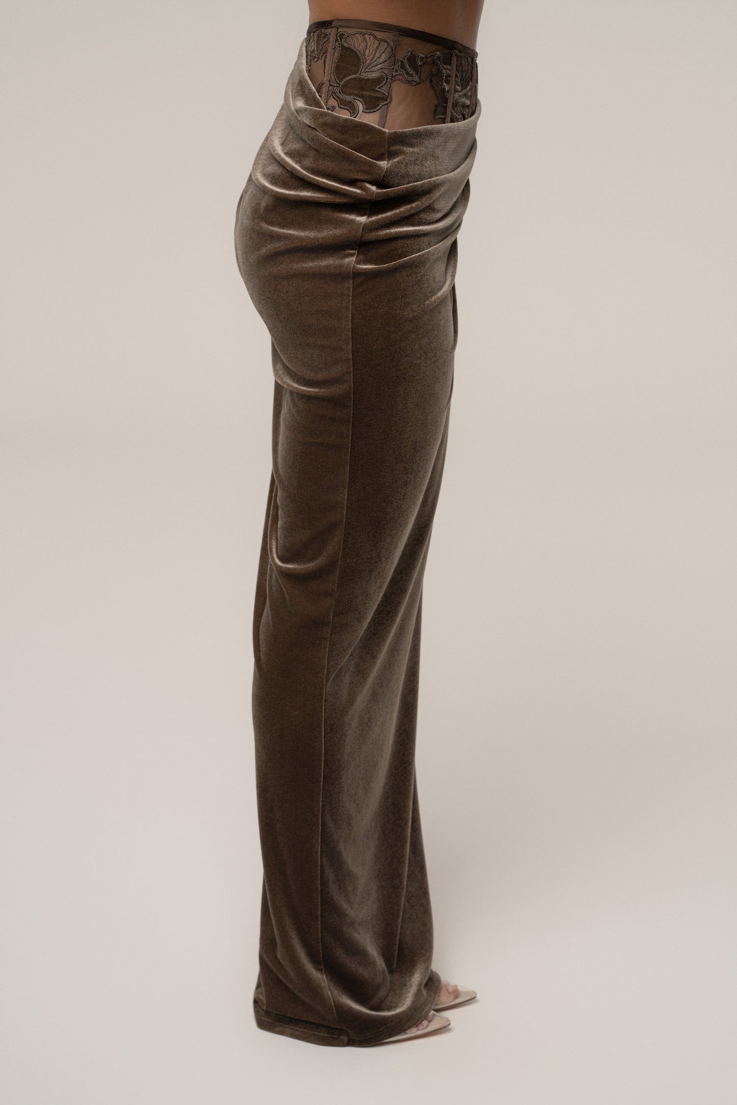 Dark Taupe Velvet And Lace Maxi Skirt JLUXLABEL