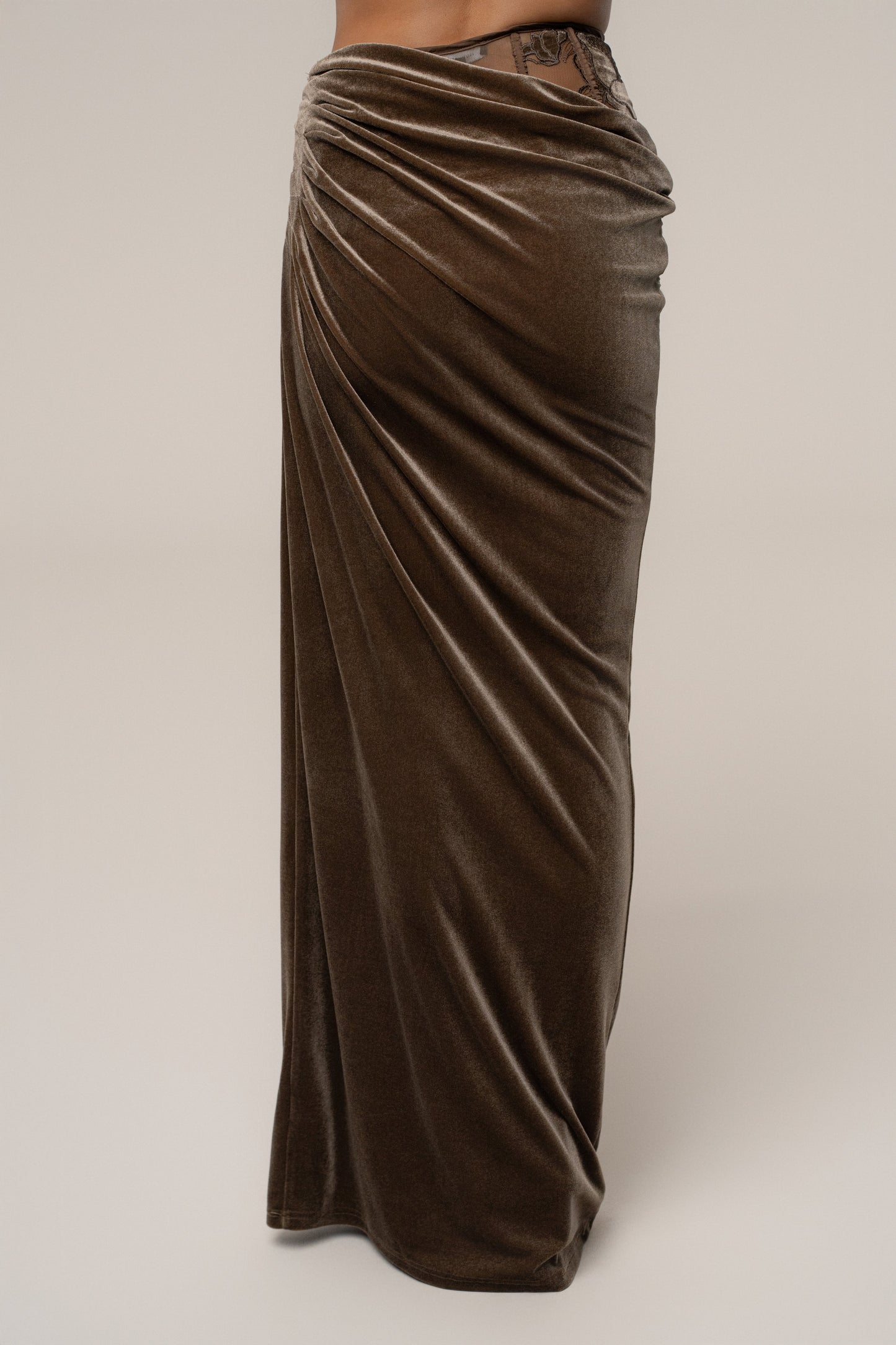 Dark Taupe Velvet And Lace Maxi Skirt JLUXLABEL