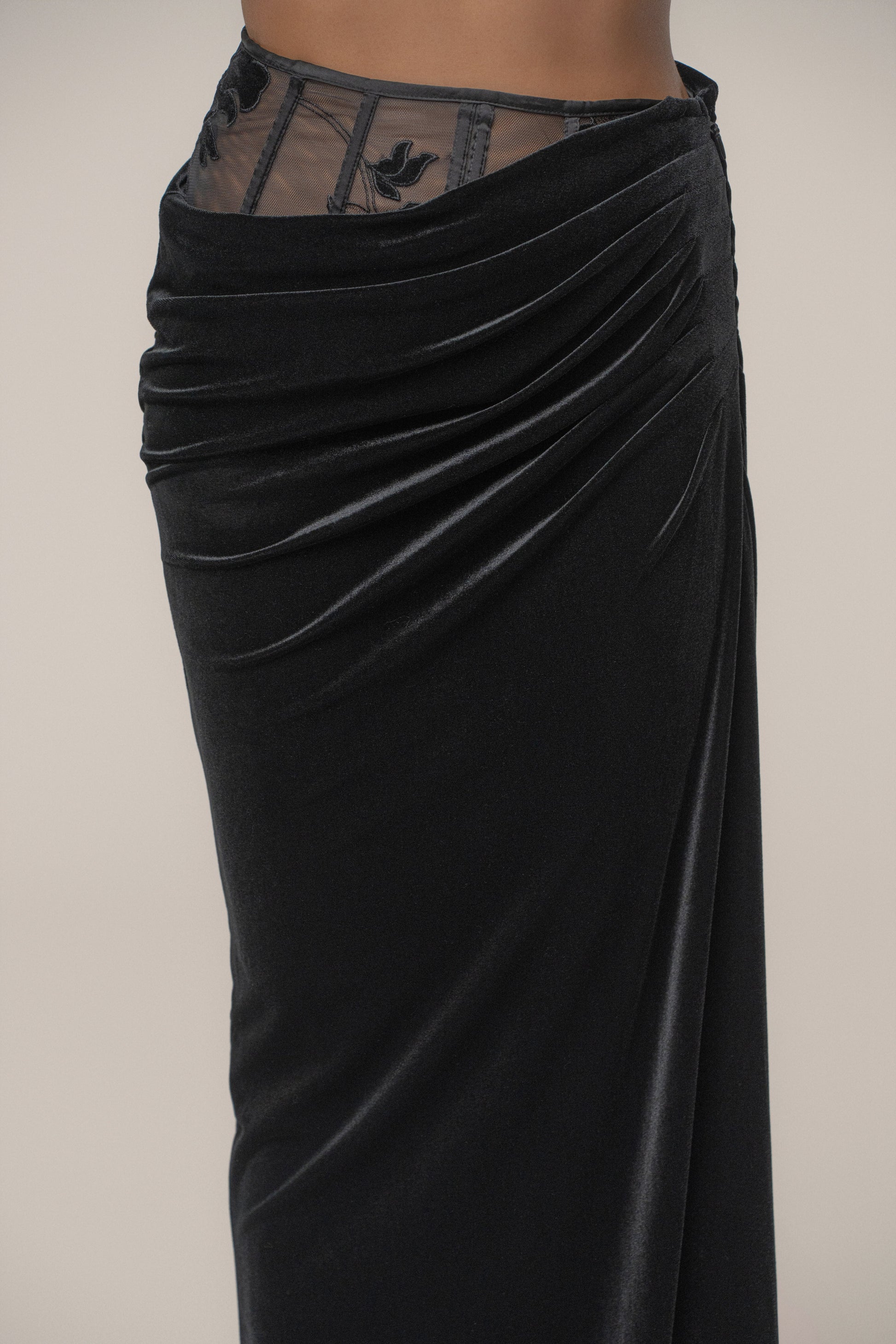 Black Velvet And Lace Maxi Skirt JLUXLABEL