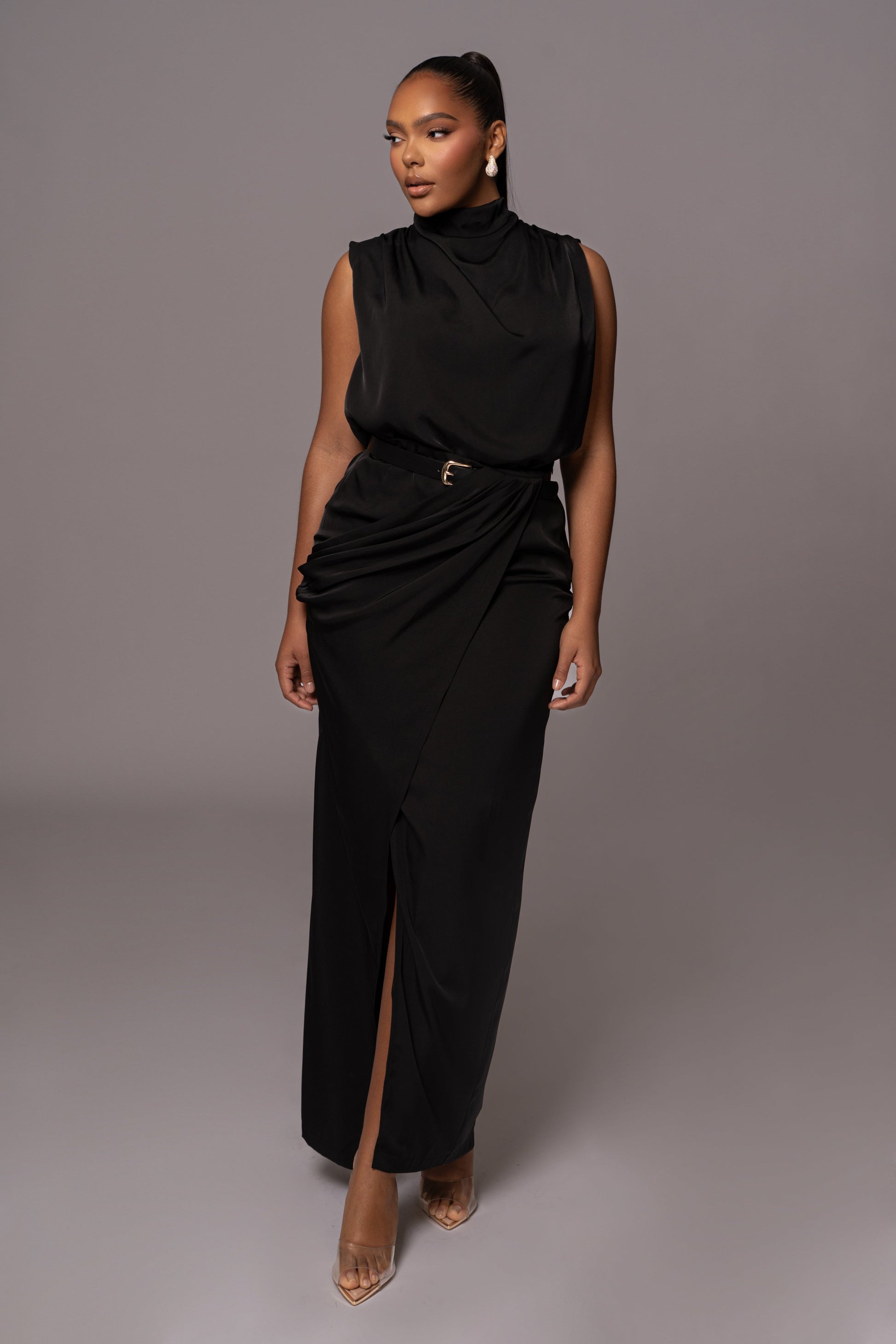 Black Jamila Drape Skirt JLUXLABEL