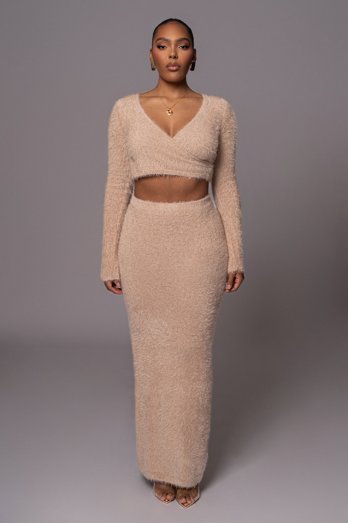 Beige Annette Sweater Knit Skirt Set JLUXLABEL