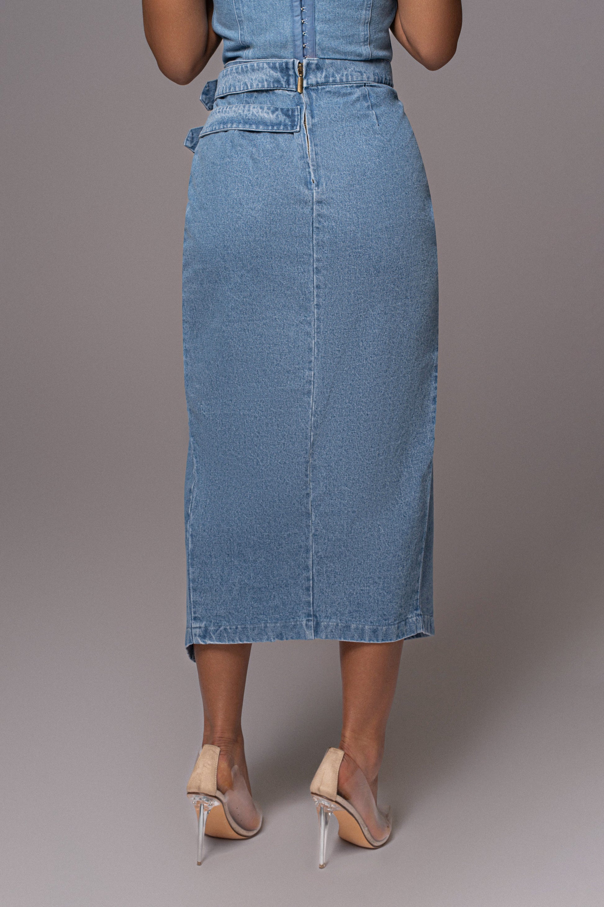 Medium Wash Gisele Denim Slit Skirt JLUXLABEL