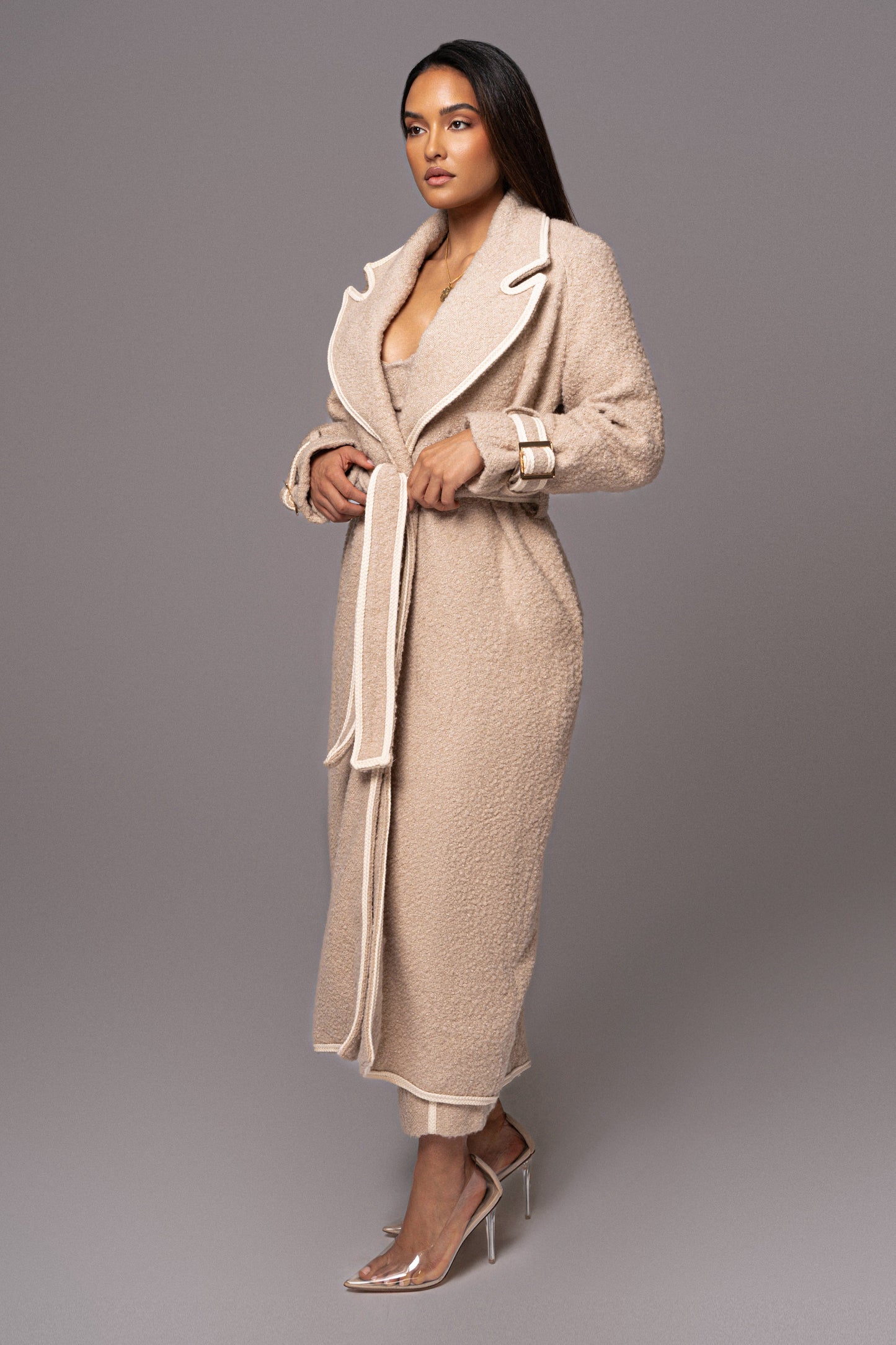 Beige Fit For Success Boucle Coat JLUXLABEL