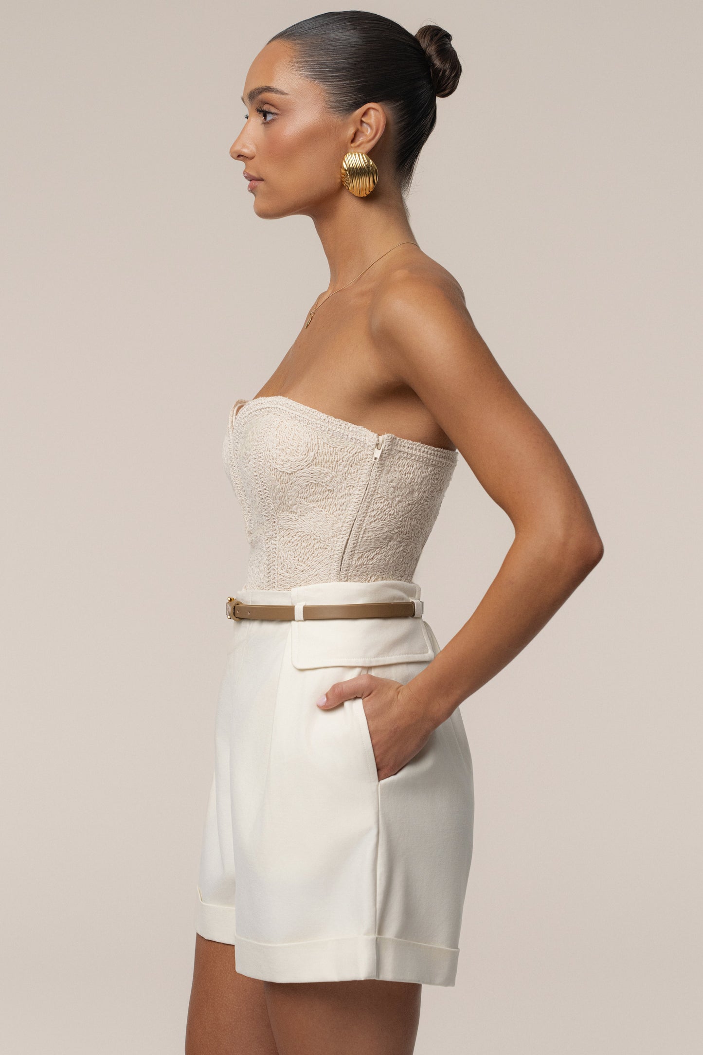 Ecru Serene Coast Texture Bodysuit NEWFASHIONEDGE