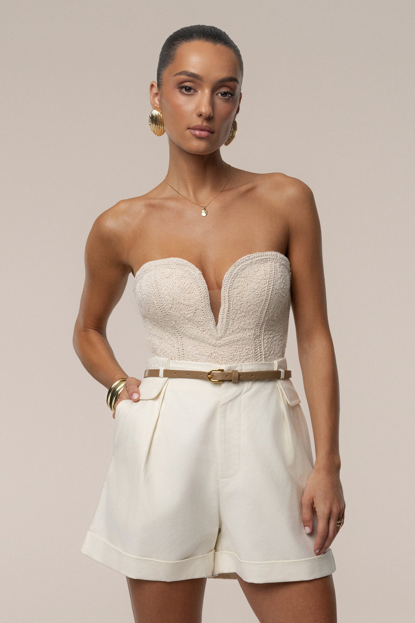 Ecru Serene Coast Texture Bodysuit NEWFASHIONEDGE