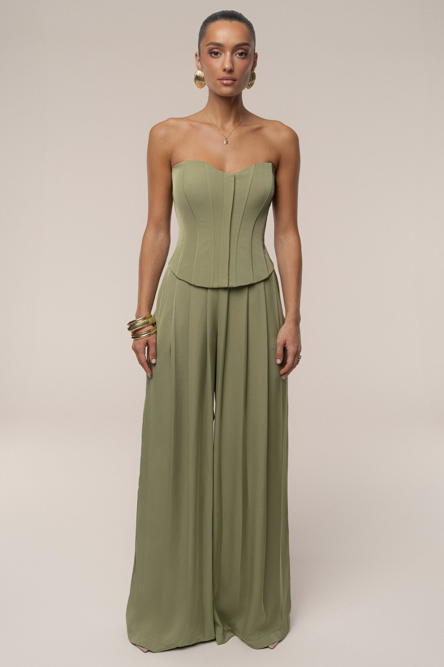 Olive Clara Wide Leg Pleated Trousers JLUXLABEL