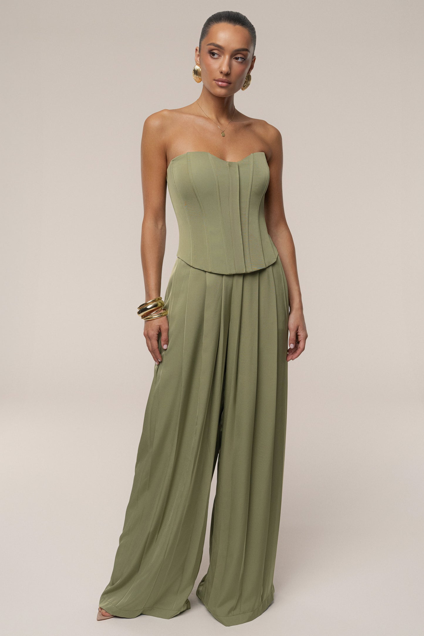 Olive Clara Wide Leg Pleated Trousers JLUXLABEL