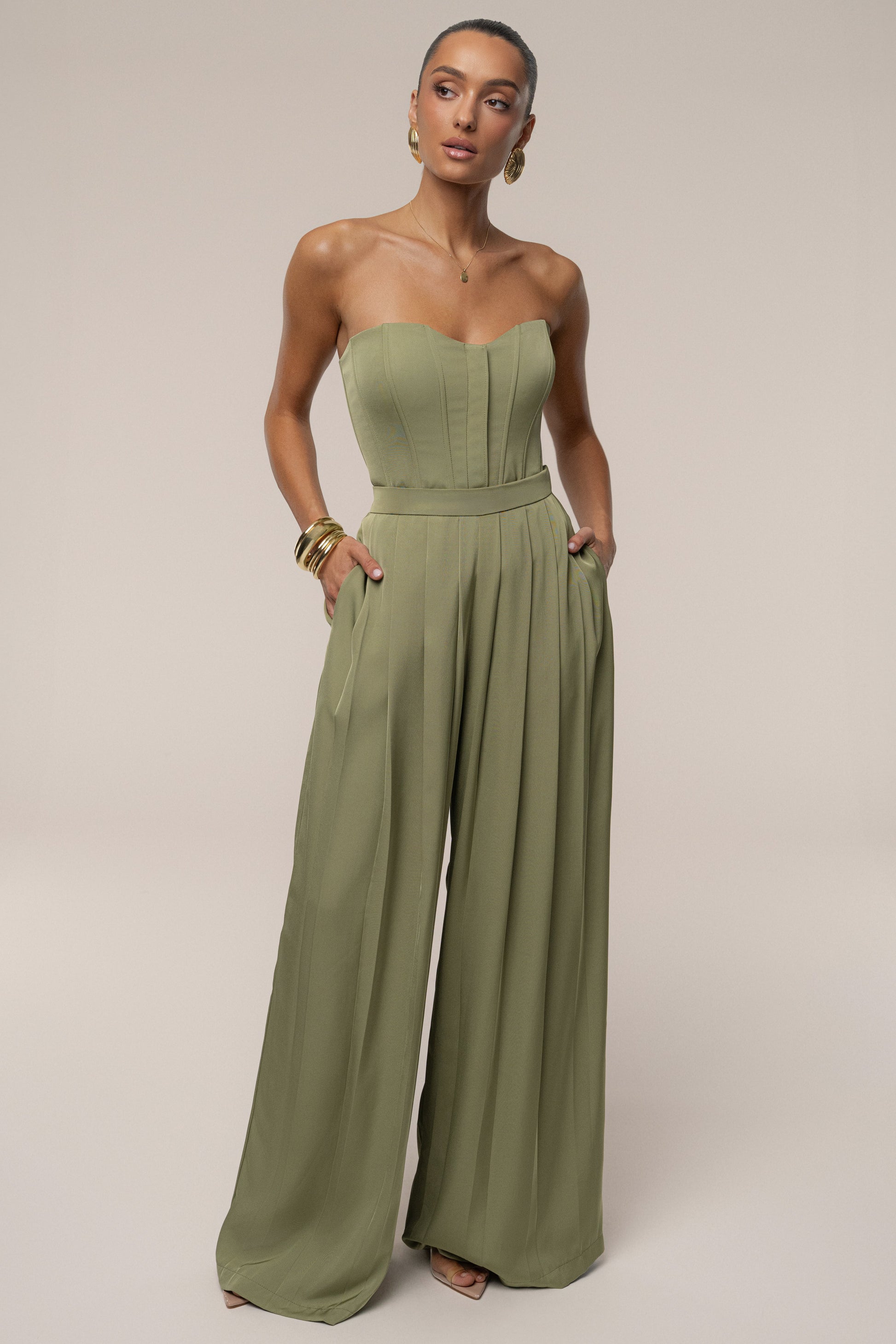 Olive Clara Wide Leg Pleated Trousers JLUXLABEL