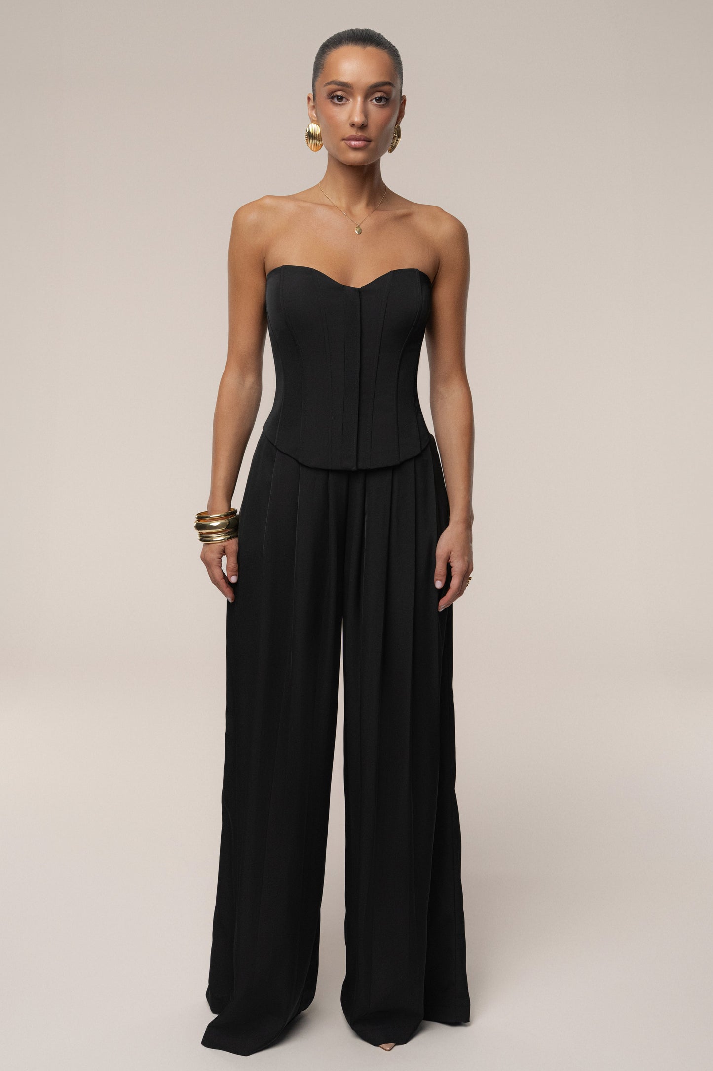 Black Clara Wide Leg Pleated Trousers JLUXLABEL