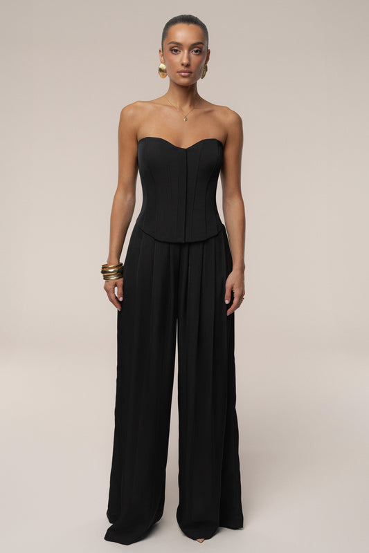 Black Clara Wide Leg Pleated Trousers JLUXLABEL