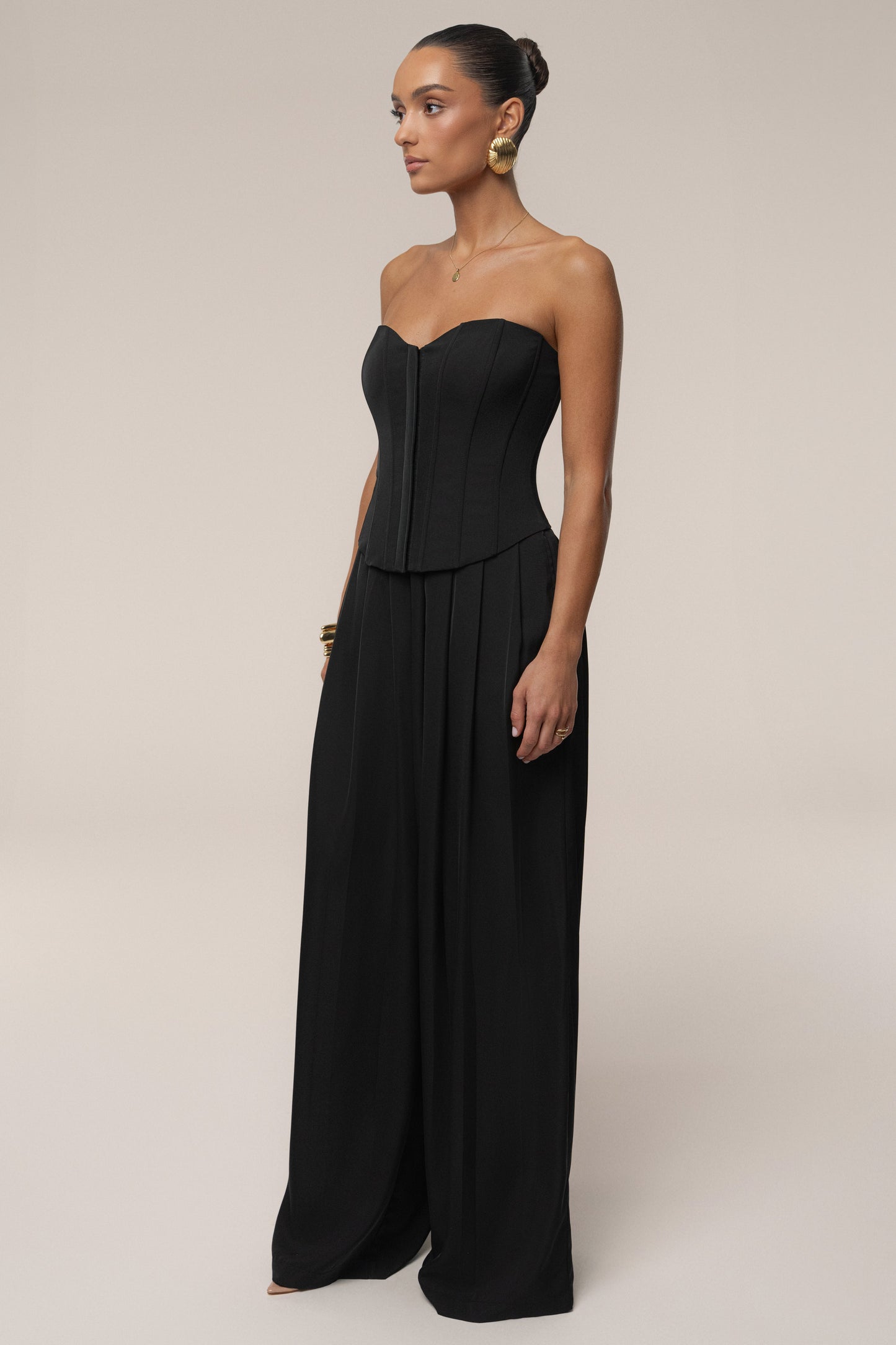 Black Clara Wide Leg Pleated Trousers JLUXLABEL
