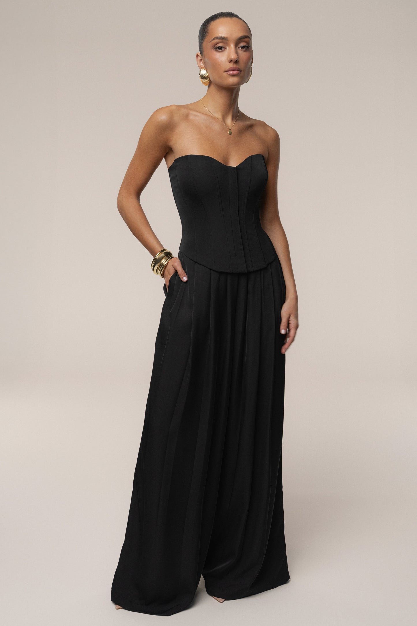 Black Clara Wide Leg Pleated Trousers JLUXLABEL