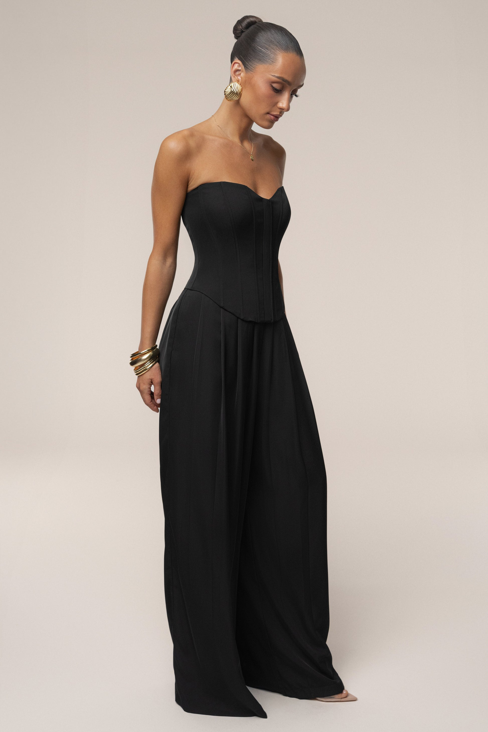 Black Clara Wide Leg Pleated Trousers JLUXLABEL