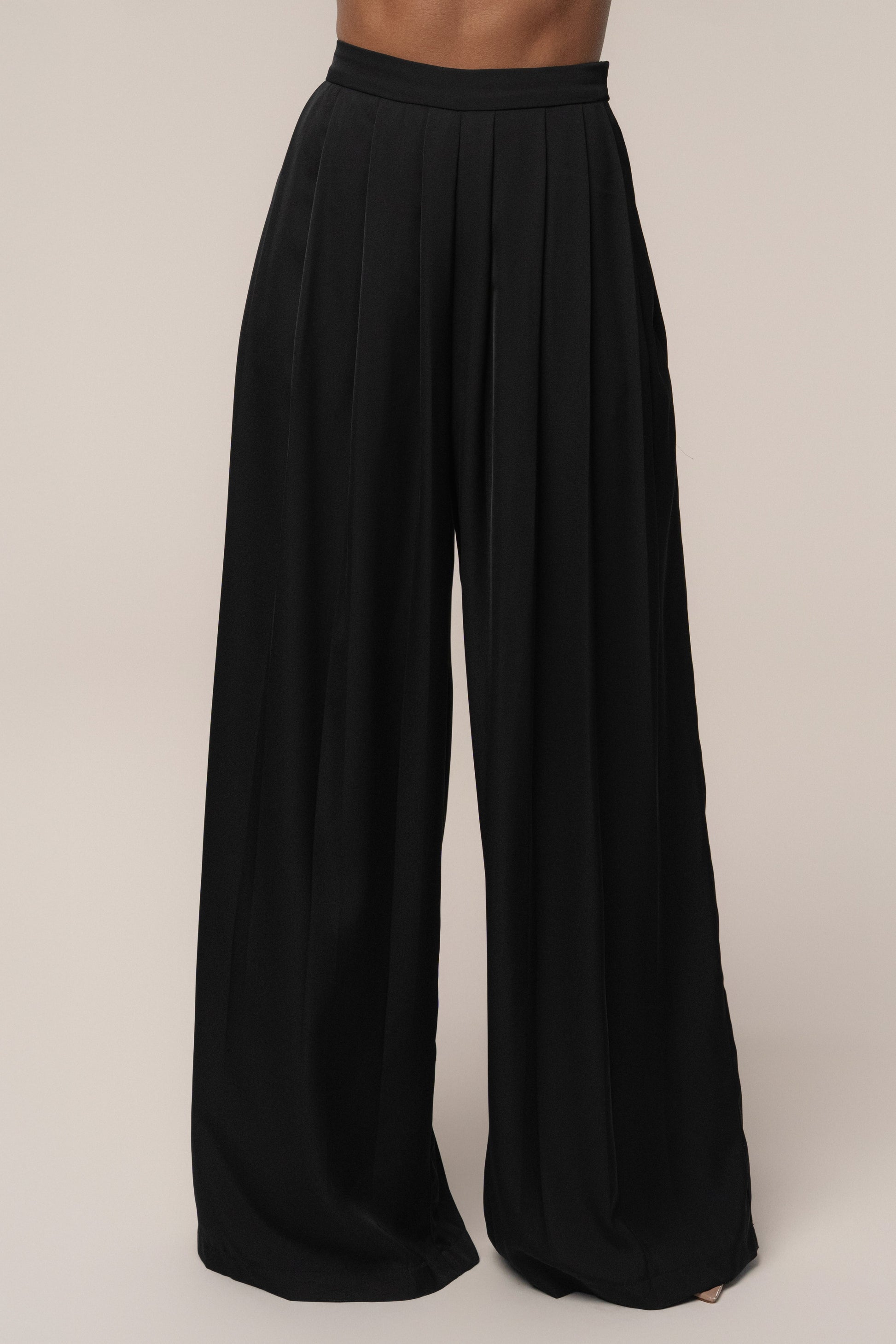 Black Clara Wide Leg Pleated Trousers JLUXLABEL