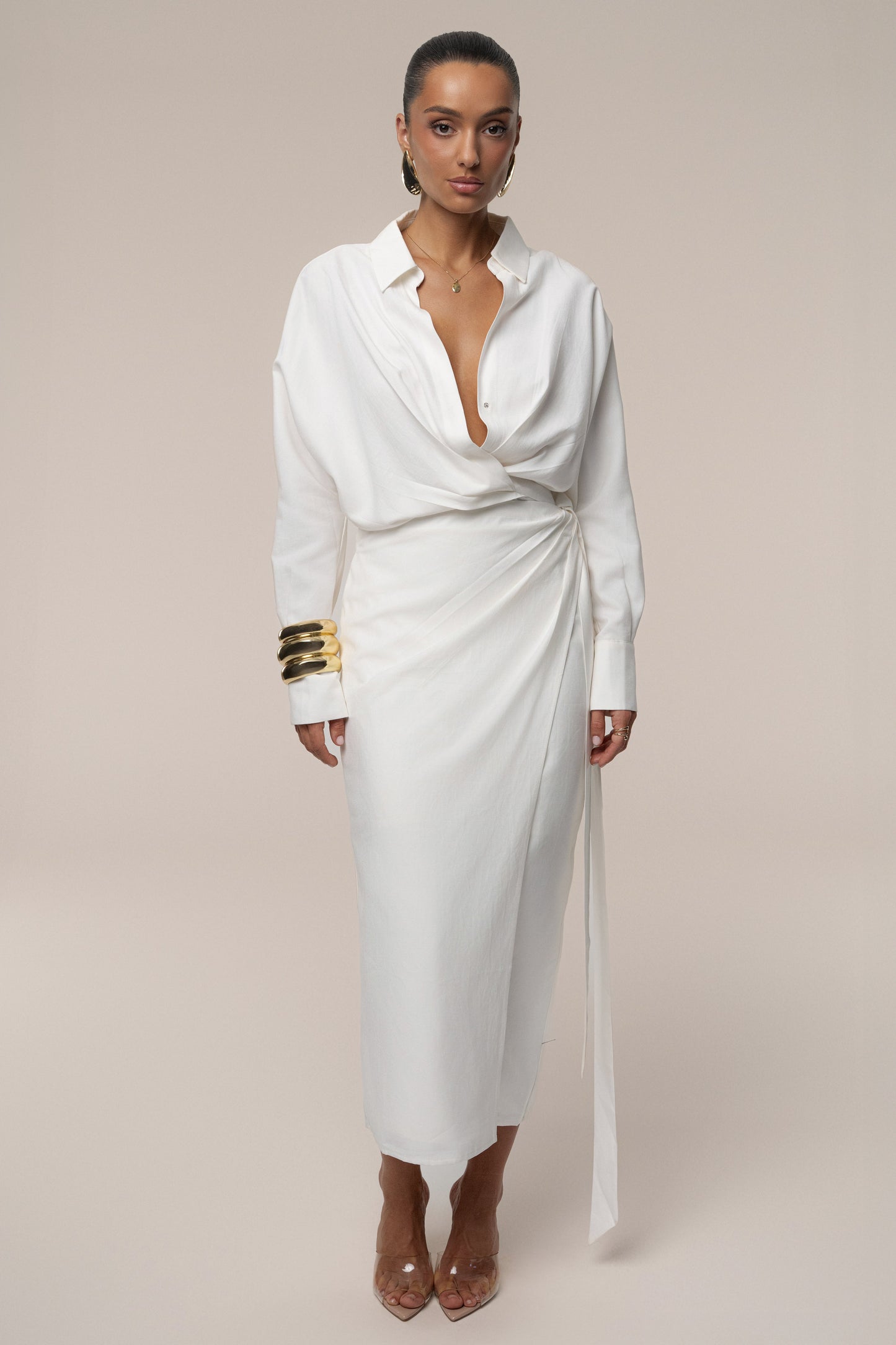 Ivory Skyline Wrap Midi Dress JLUXLABEL