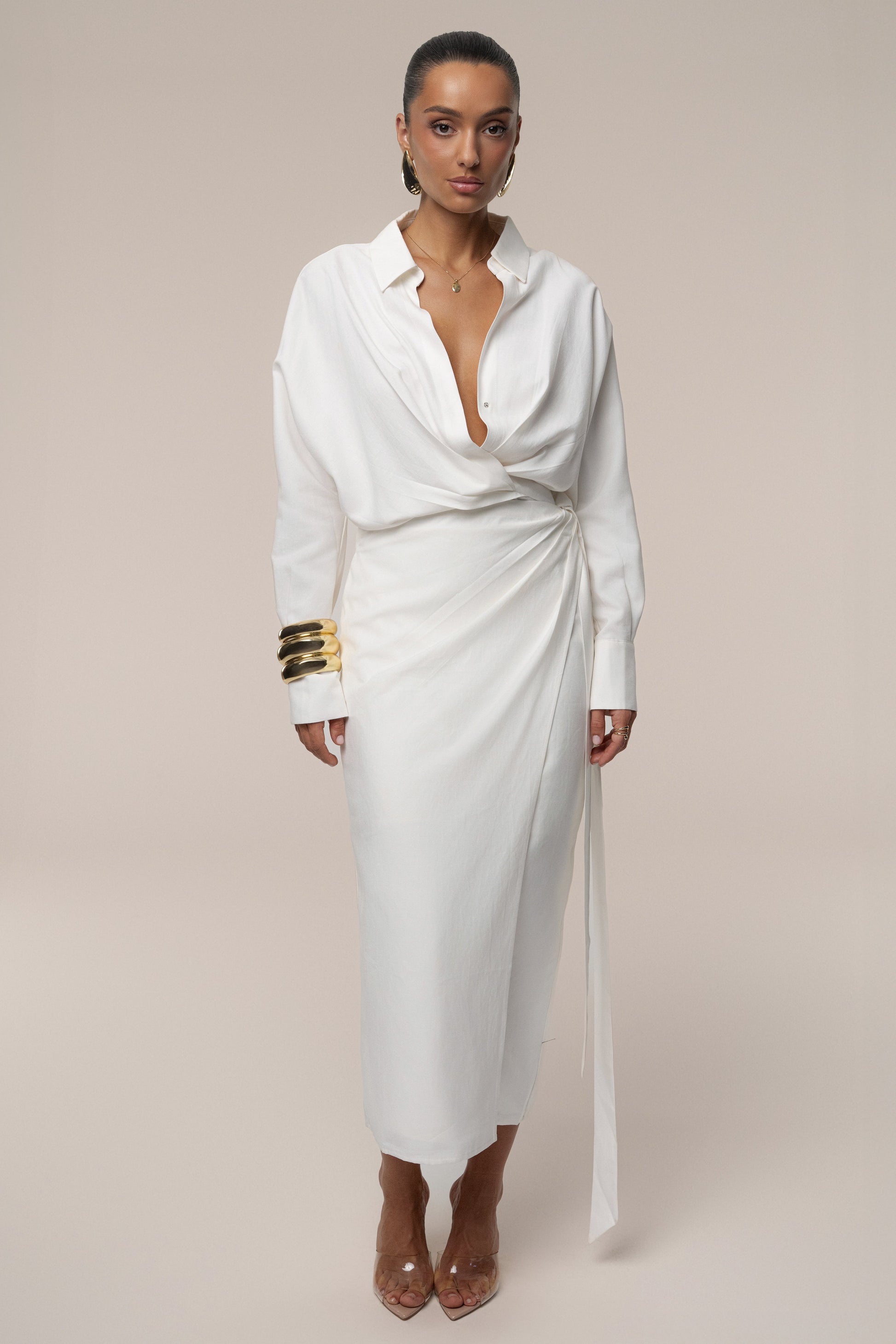 Ivory Skyline Wrap Midi Dress JLUXLABEL