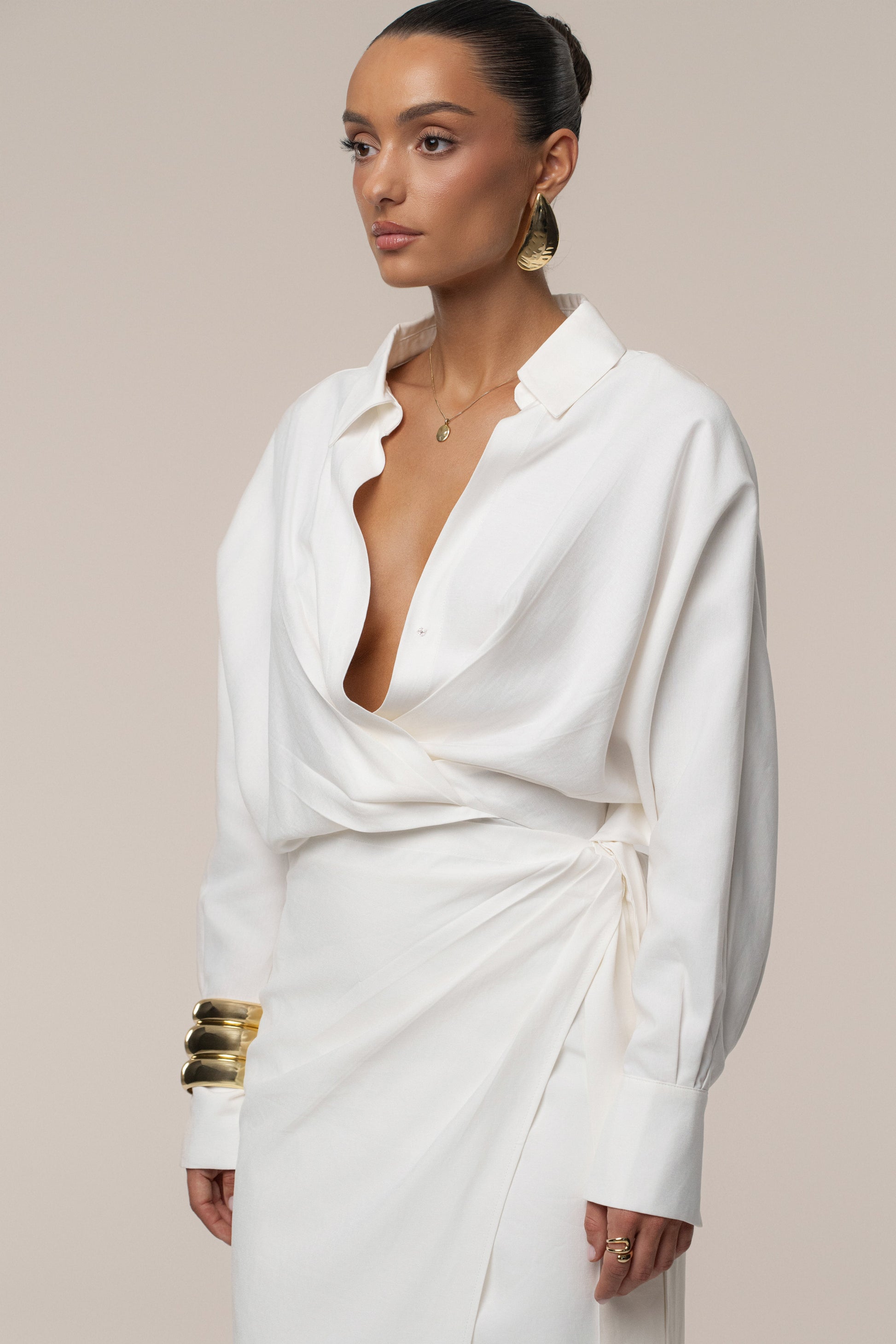 Ivory Skyline Wrap Midi Dress JLUXLABEL