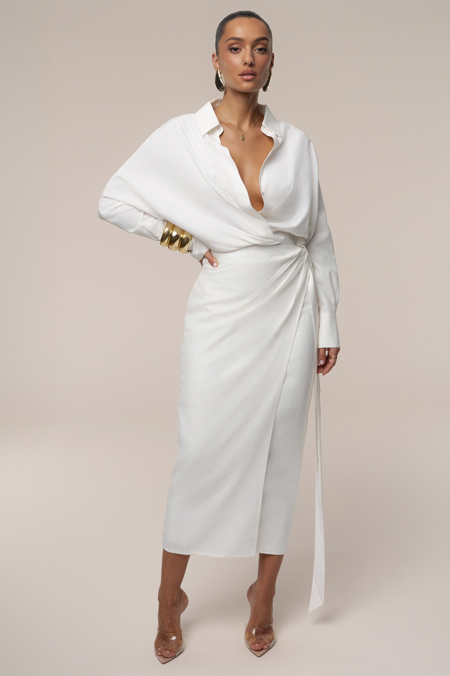 Ivory Skyline Wrap Midi Dress JLUXLABEL