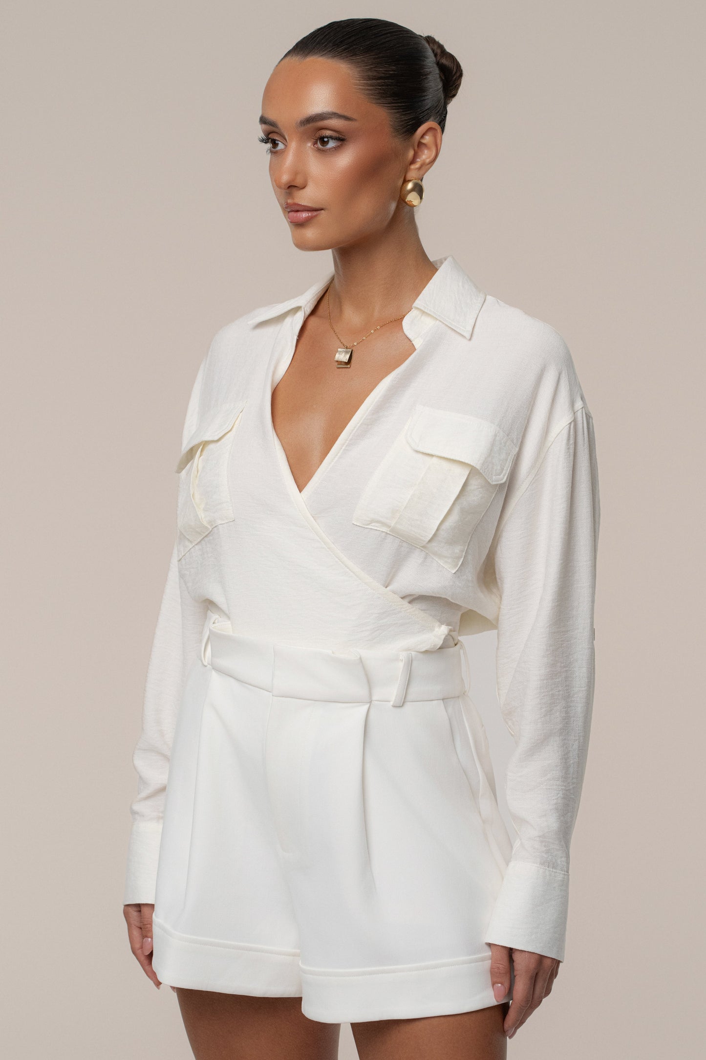 Ivory Drift Collared Cargo Top JLUXLABEL