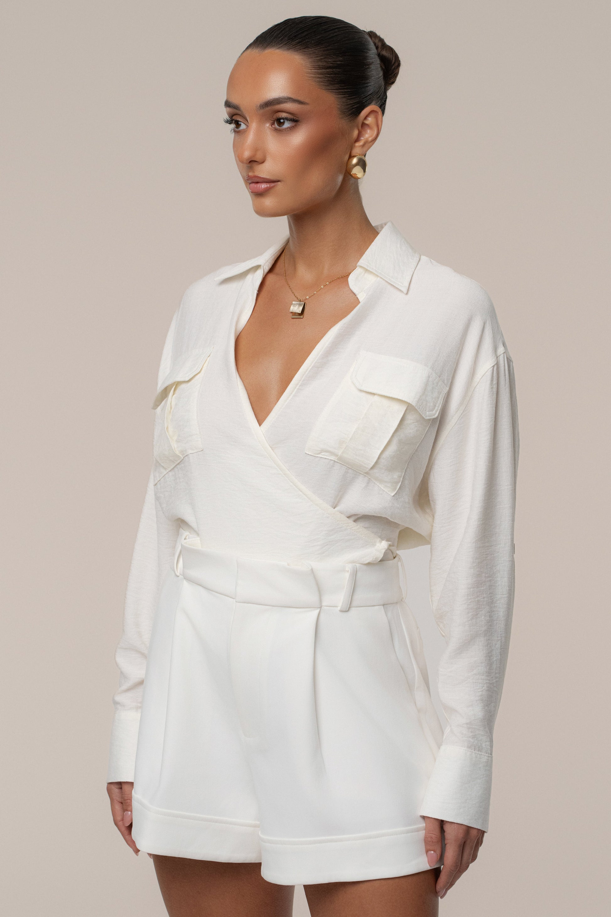 Ivory Drift Collared Cargo Top JLUXLABEL