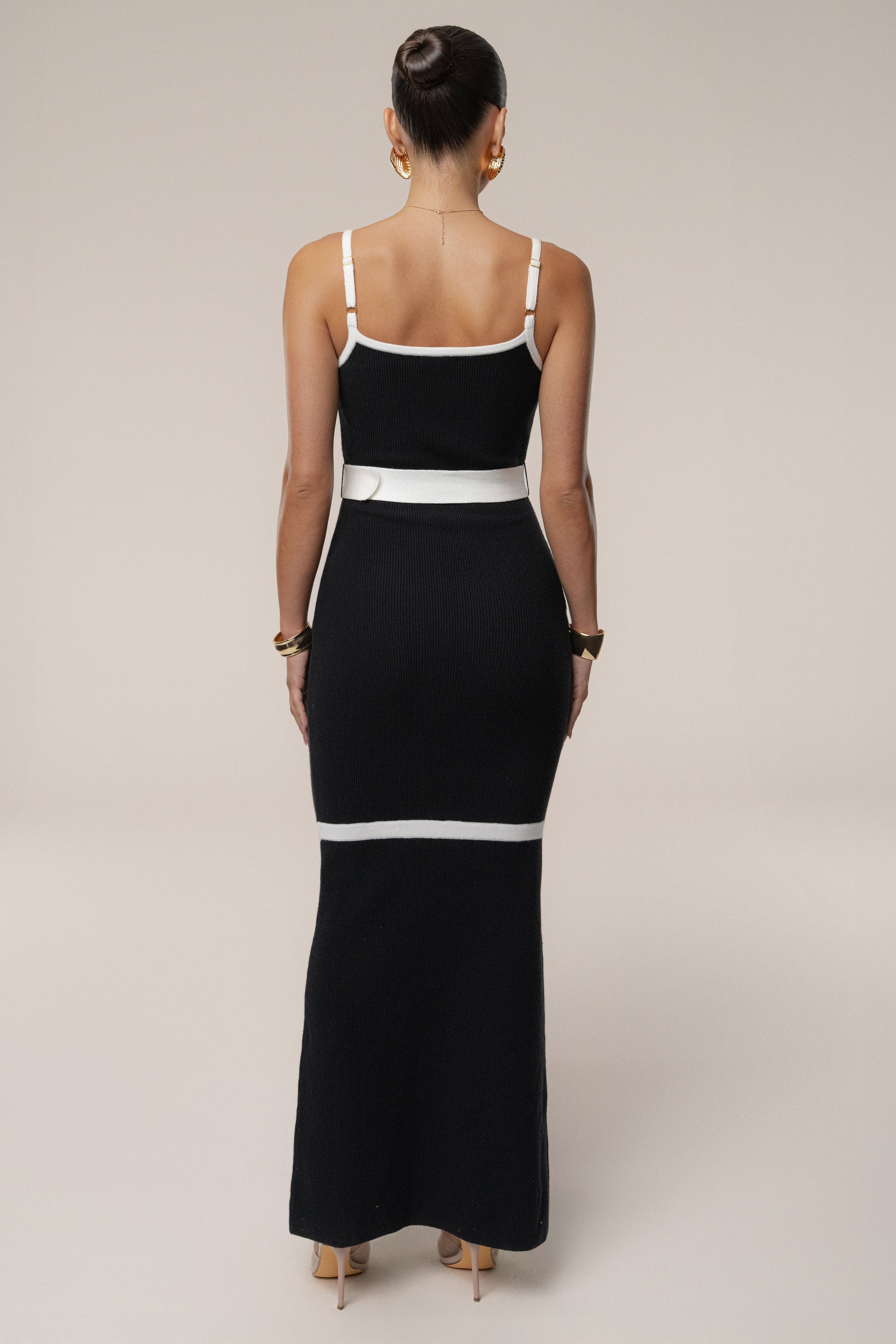 Black/Ivory Belted Cami Maxi Dress JLUXLABEL