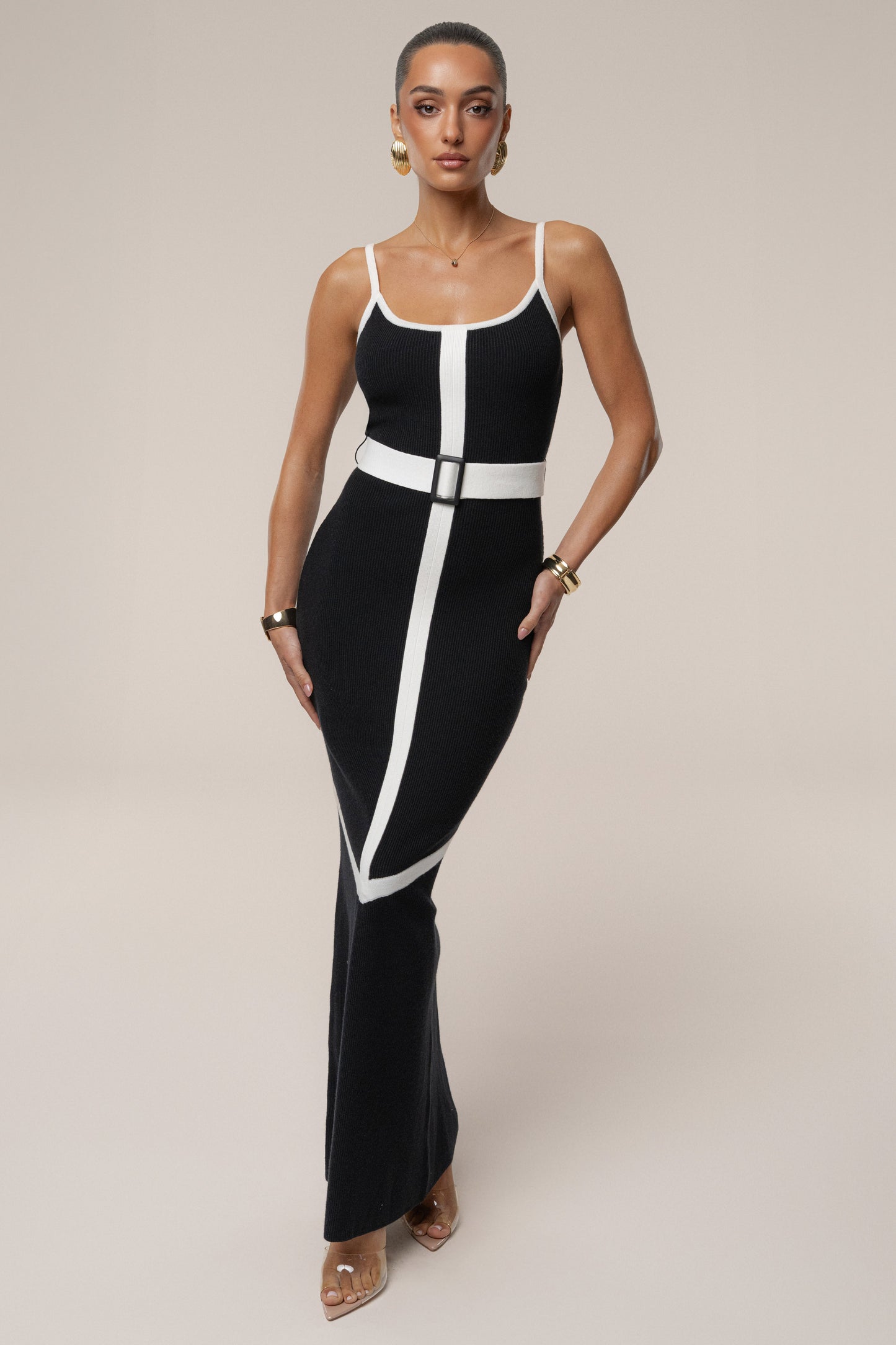 Black/Ivory Belted Cami Maxi Dress JLUXLABEL
