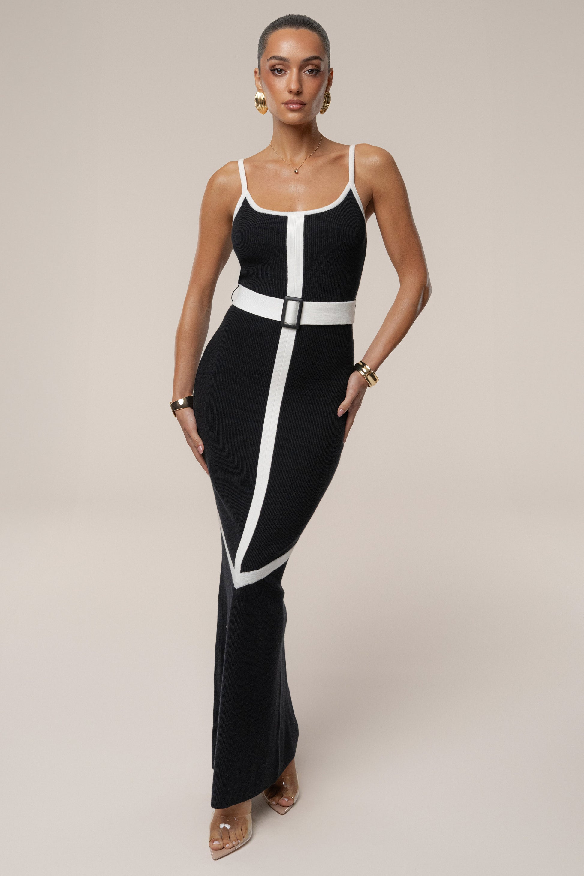 Black/Ivory Belted Cami Maxi Dress JLUXLABEL