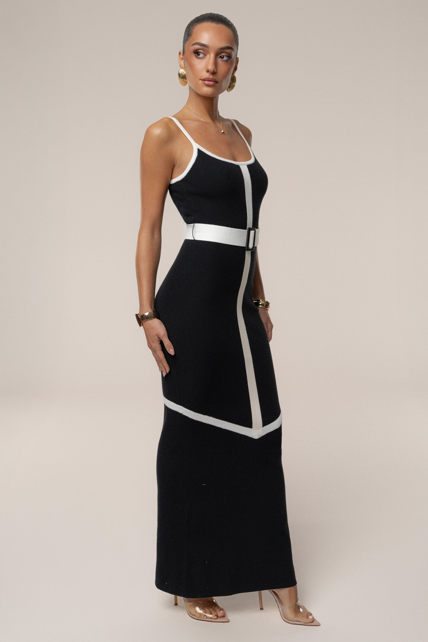 Black/Ivory Belted Cami Maxi Dress JLUXLABEL