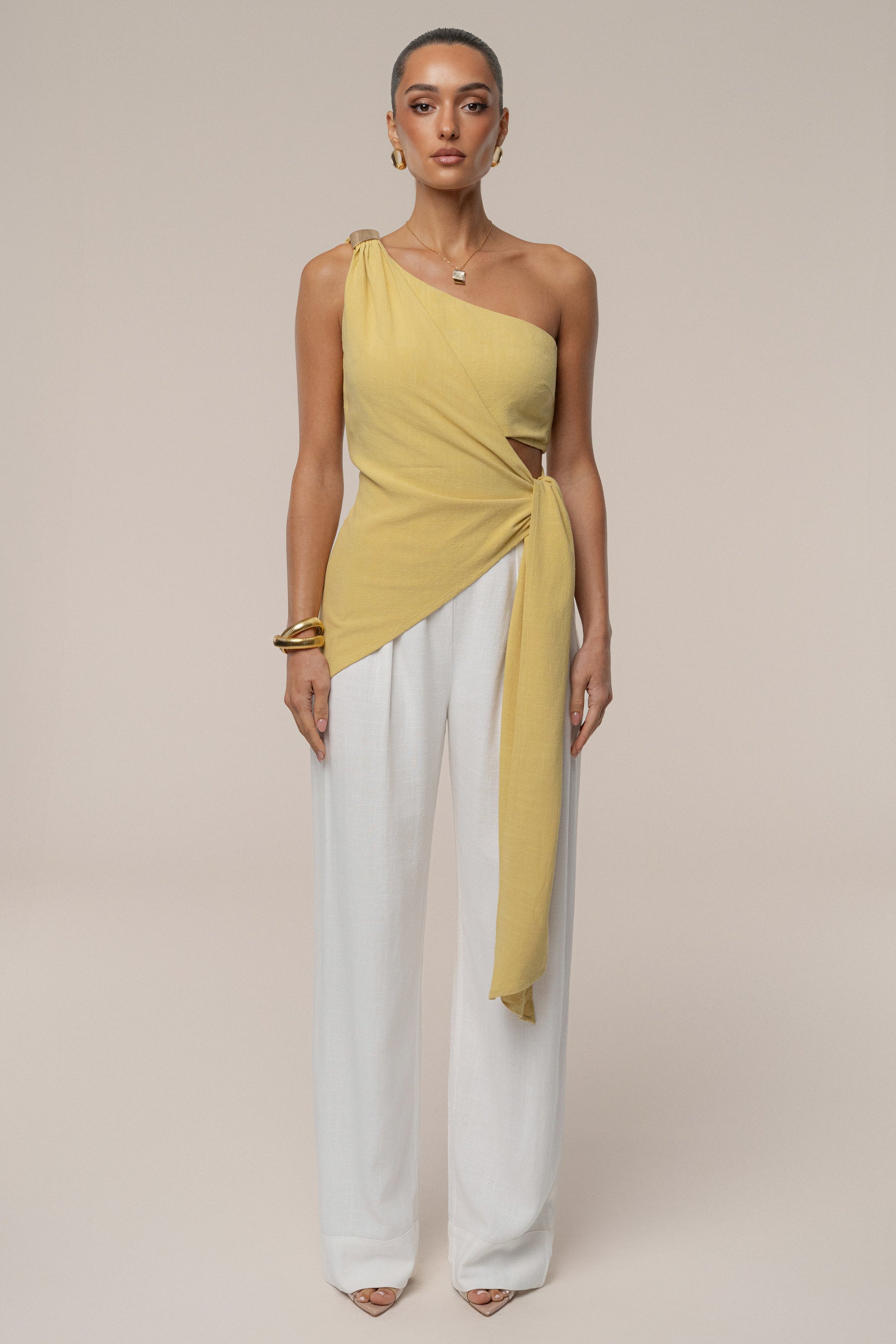 Yellow Palmera One Shoulder Top JLUXLABEL