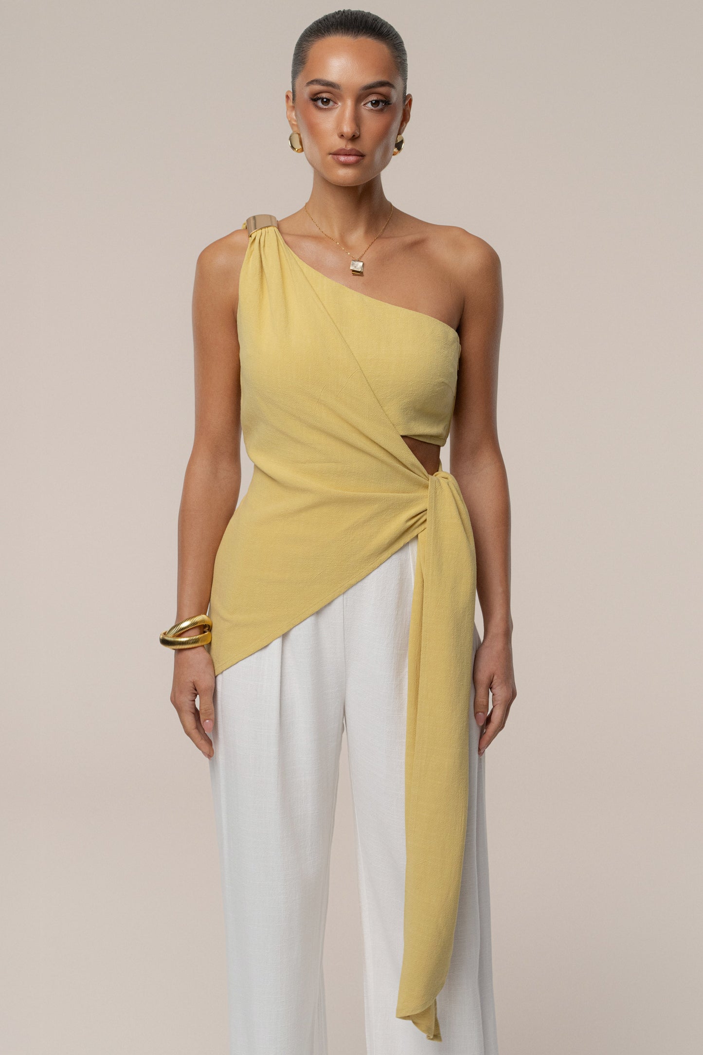 Yellow Palmera One Shoulder Top JLUXLABEL