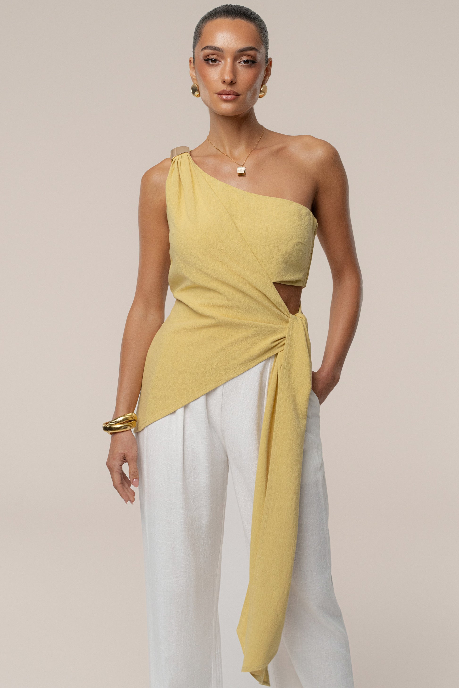 Yellow Palmera One Shoulder Top JLUXLABEL