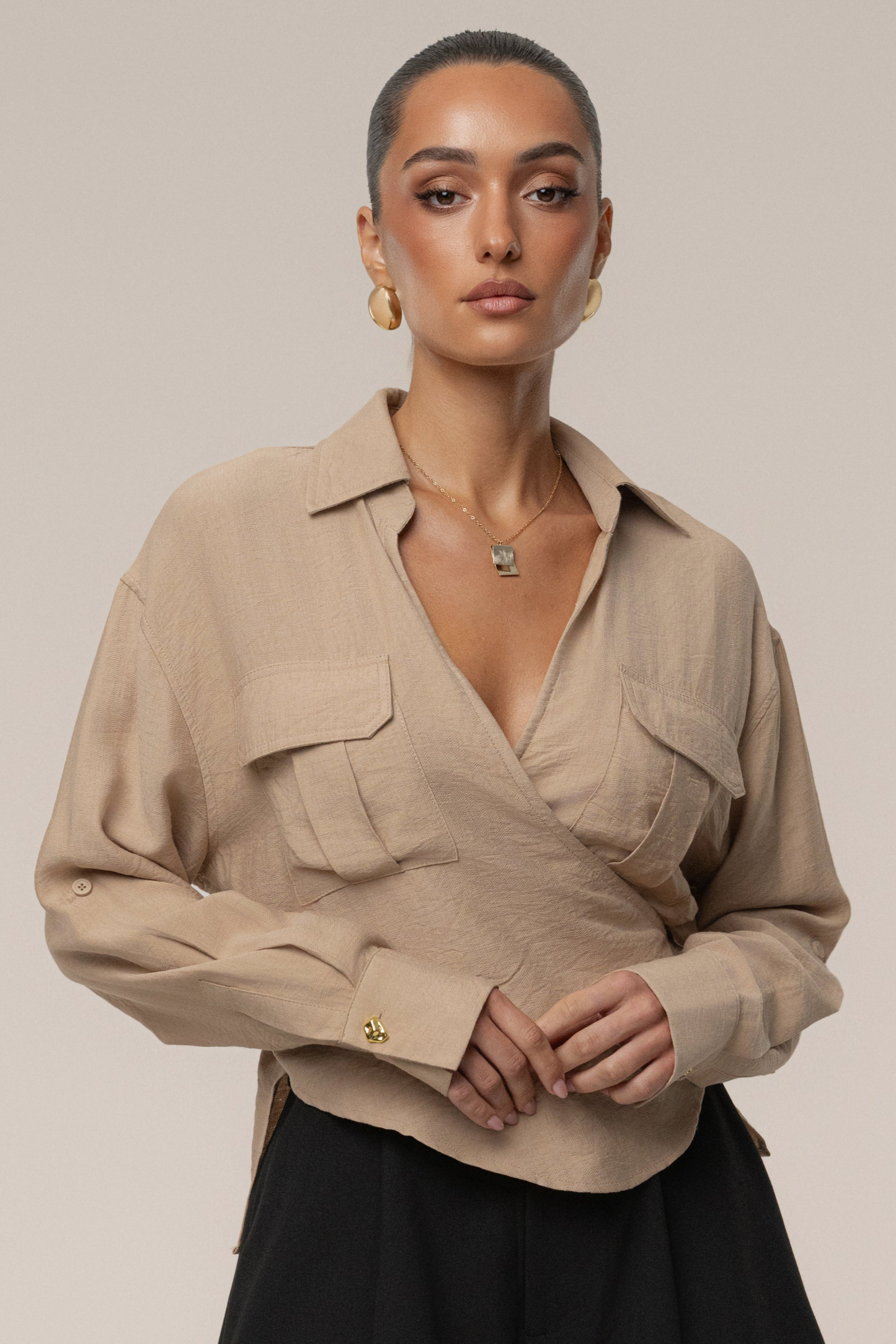 Tan Drift Collared Cargo Top JLUXLABEL