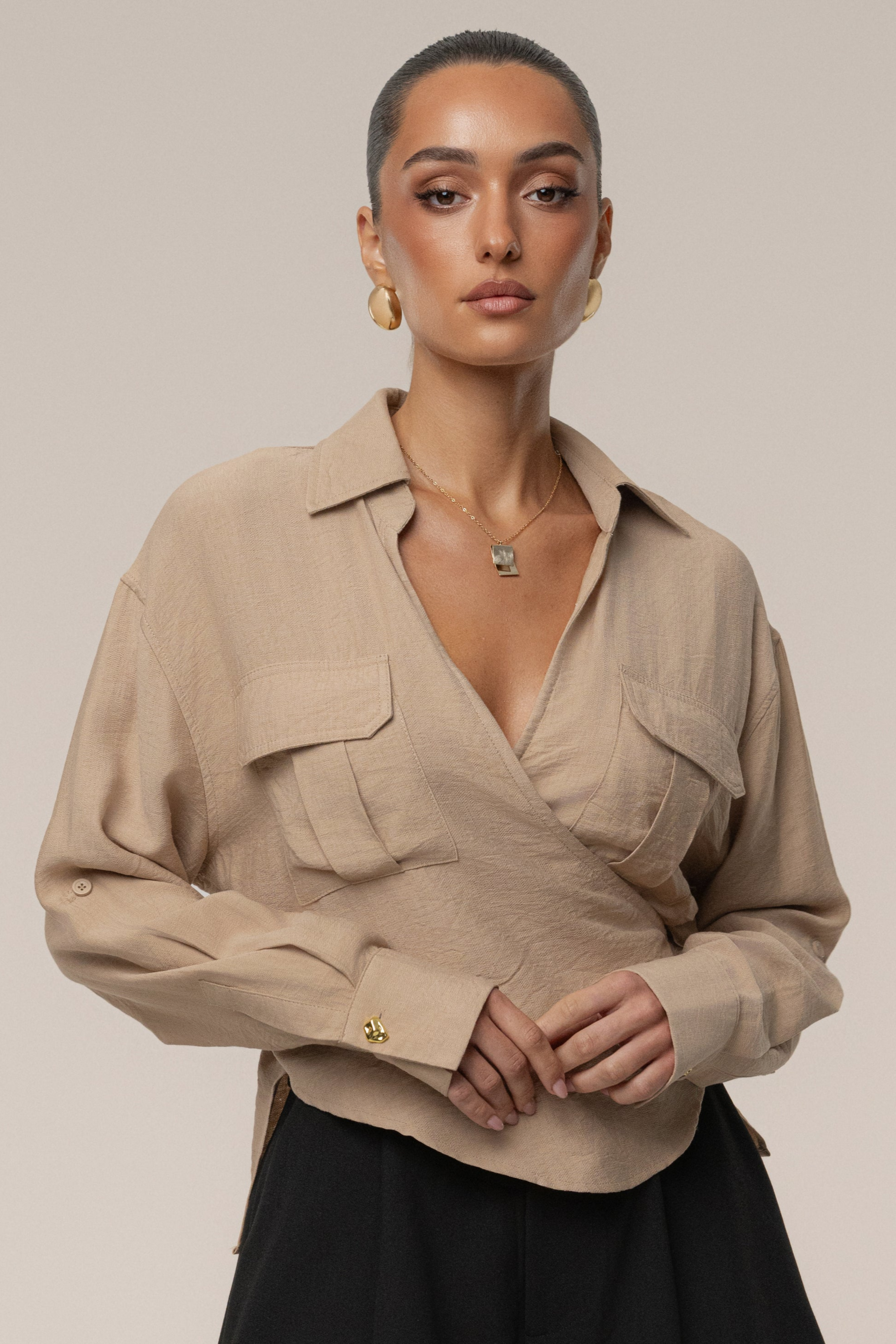 Tan Drift Collared Cargo Top JLUXLABEL