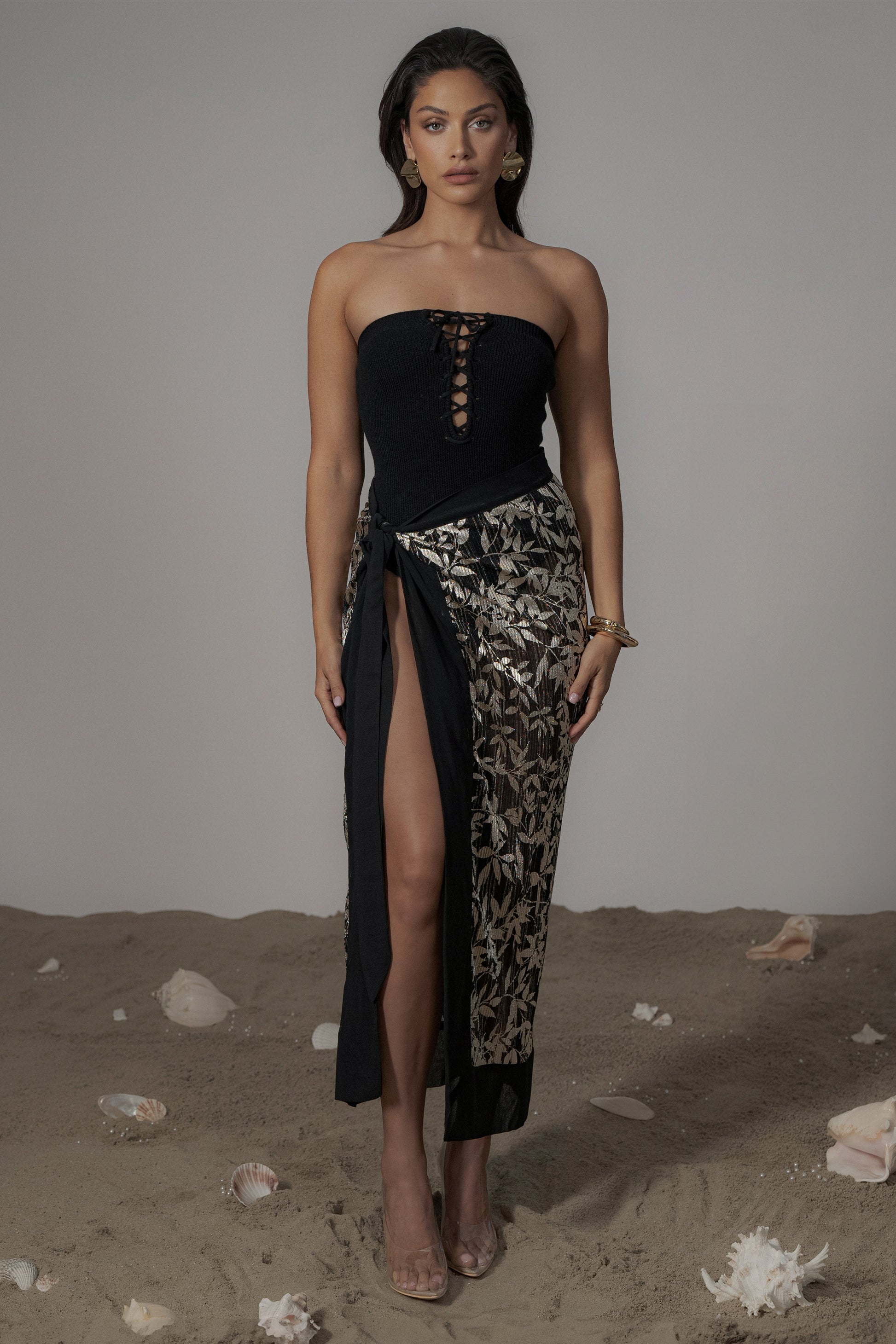 Black Positano Printed Sarong Skirt JLUXLABEL