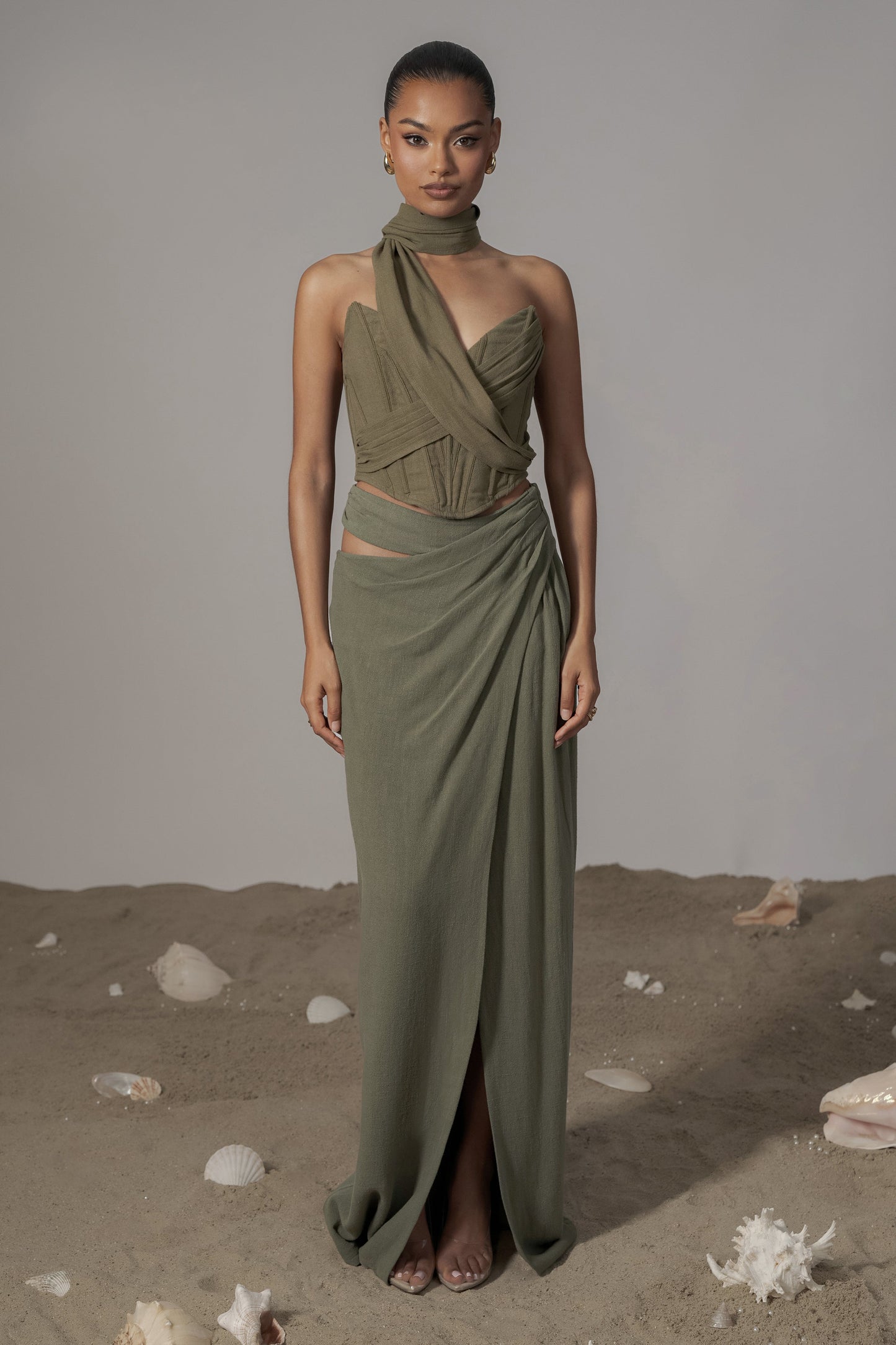 Olive Coastal Bliss Linen Bustier JLUXLABEL