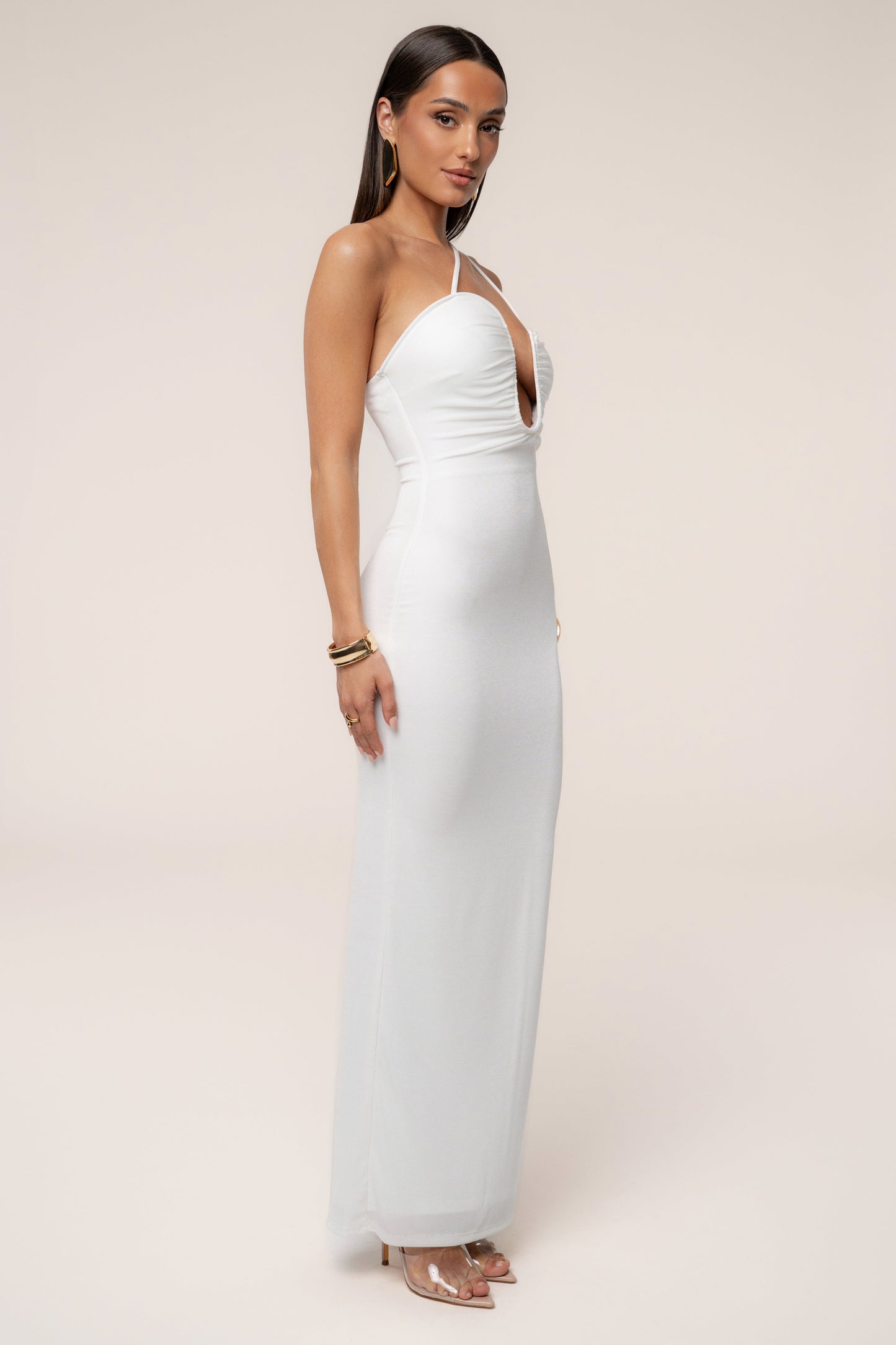 White Eclipse Plunge Neck Dress JLUXLABEL