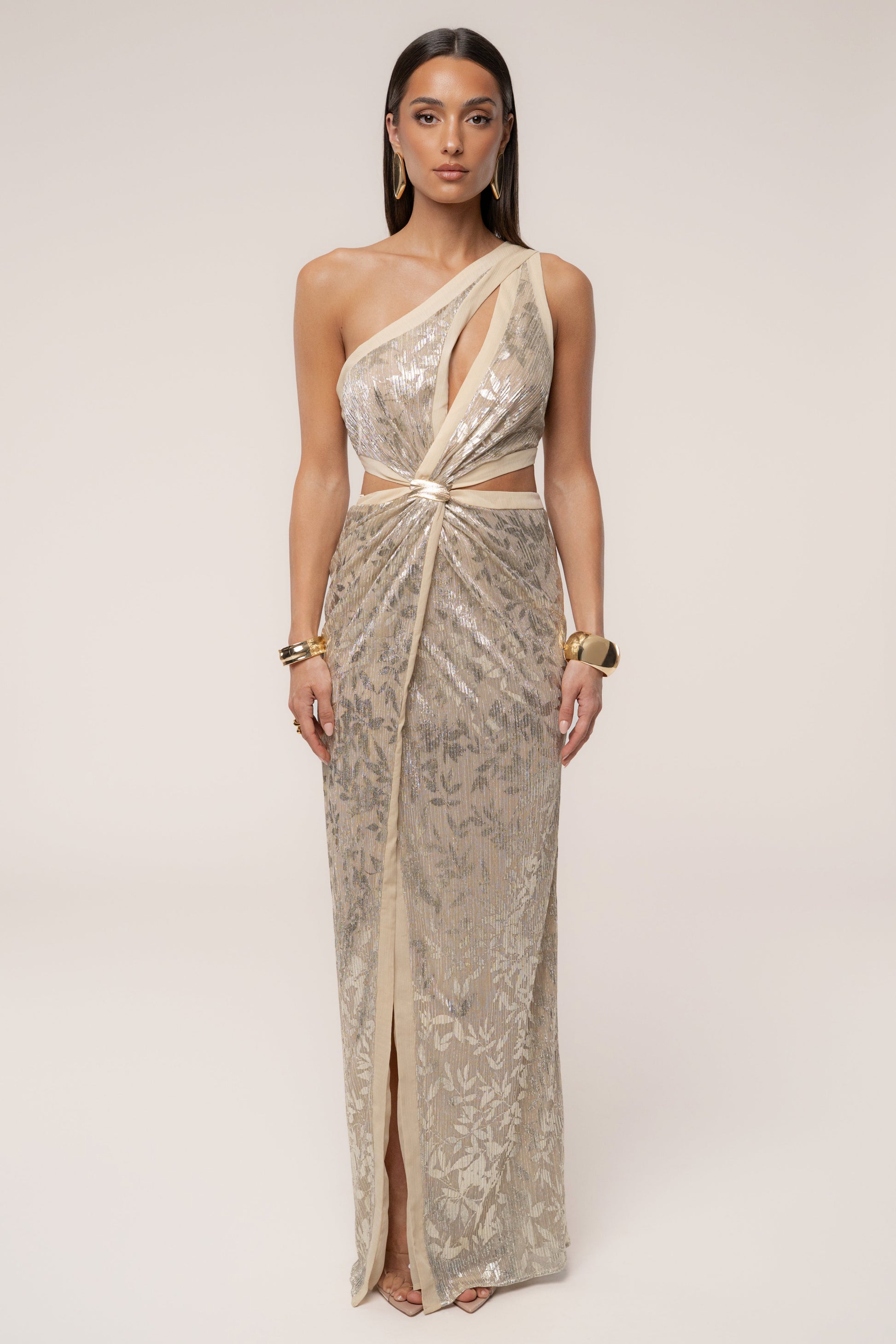Gold One Shoulder Keyhole Dress JLUXLABEL
